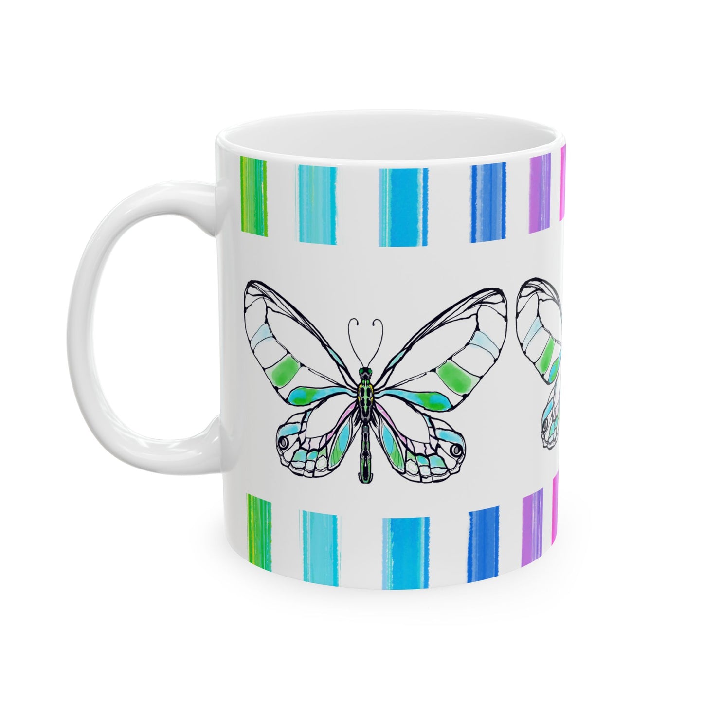 Butterfly Rainbow Stripe Ceramic Mug in Green with Multi-color Striped Border, (Available in 2 sizes 11oz and 15oz)