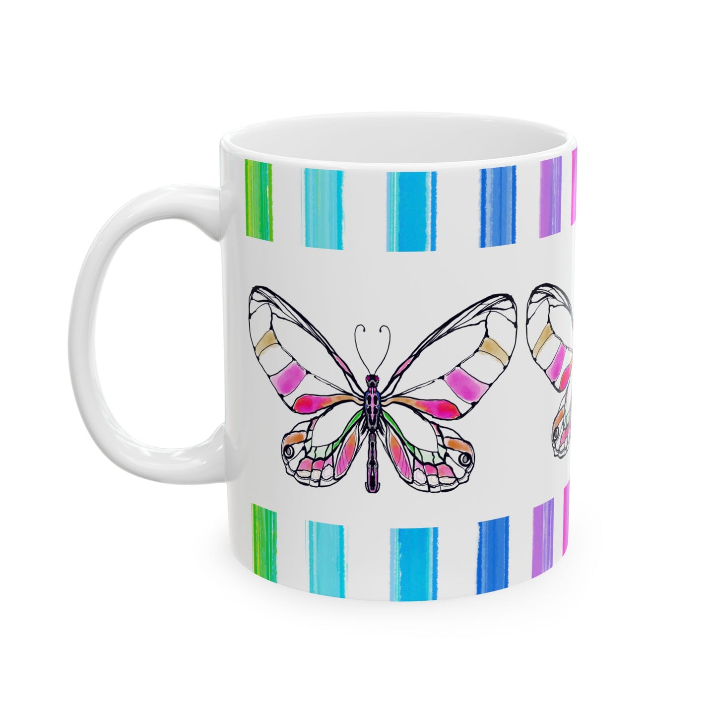 Butterfly Rainbow Stripe Ceramic Mug in Pink with Multi-color Striped Border, (Available in 2 sizes 11oz and 15oz)