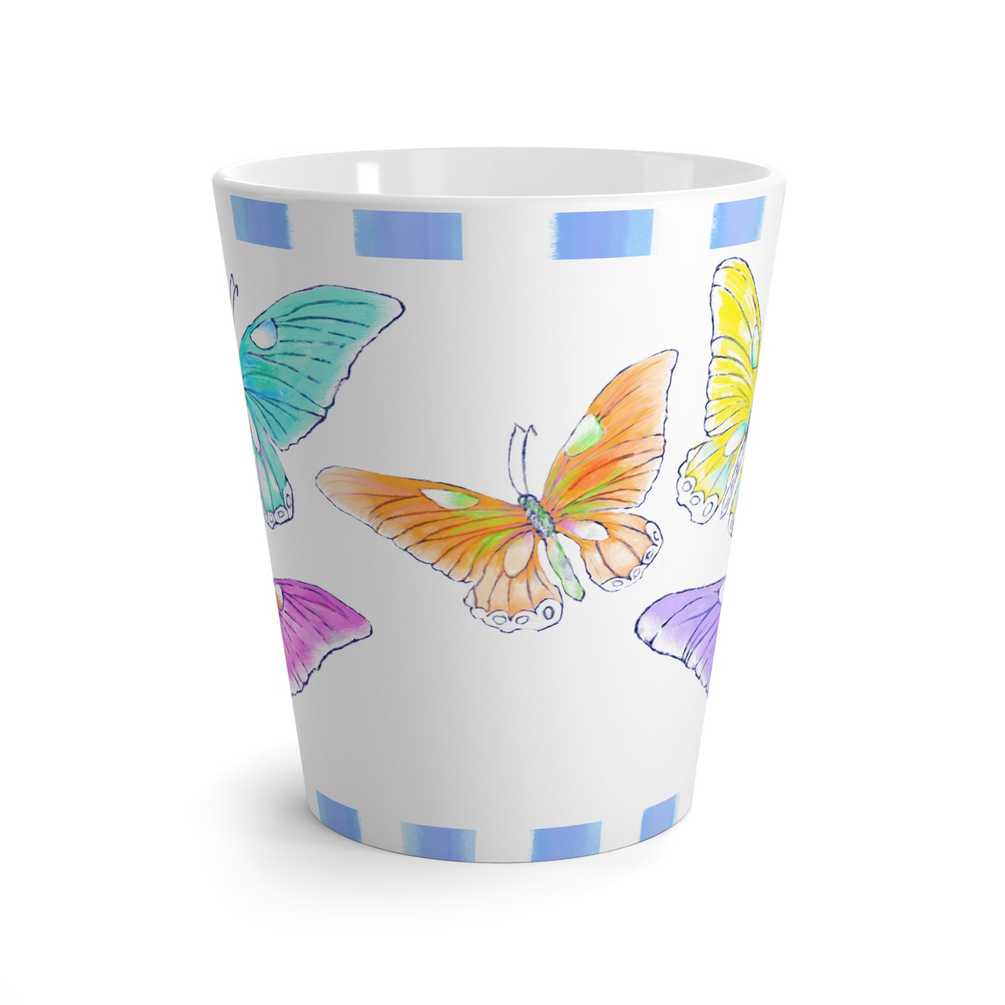 Butterfly Swing Latte Mug Aqua, Lilac, Pink , Orange, Yellow Butterflies, Blue Stripe