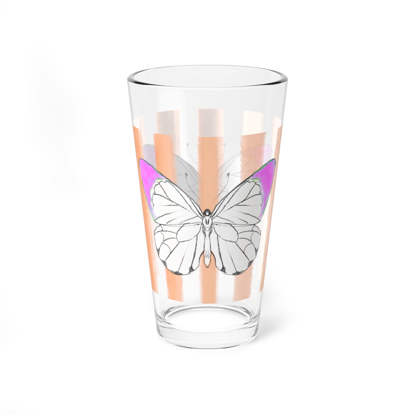Pint Glass, 16oz Watercolor Stripes & Butterflies