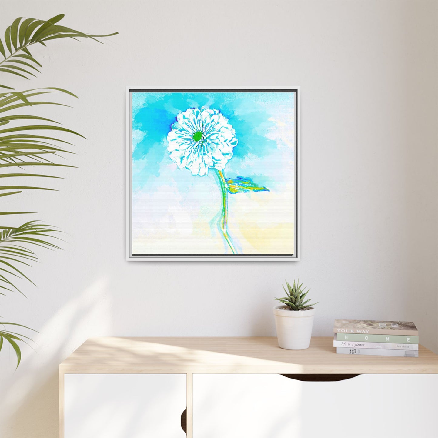 Zinnia Color Splash Matte Canvas Aqua Framed