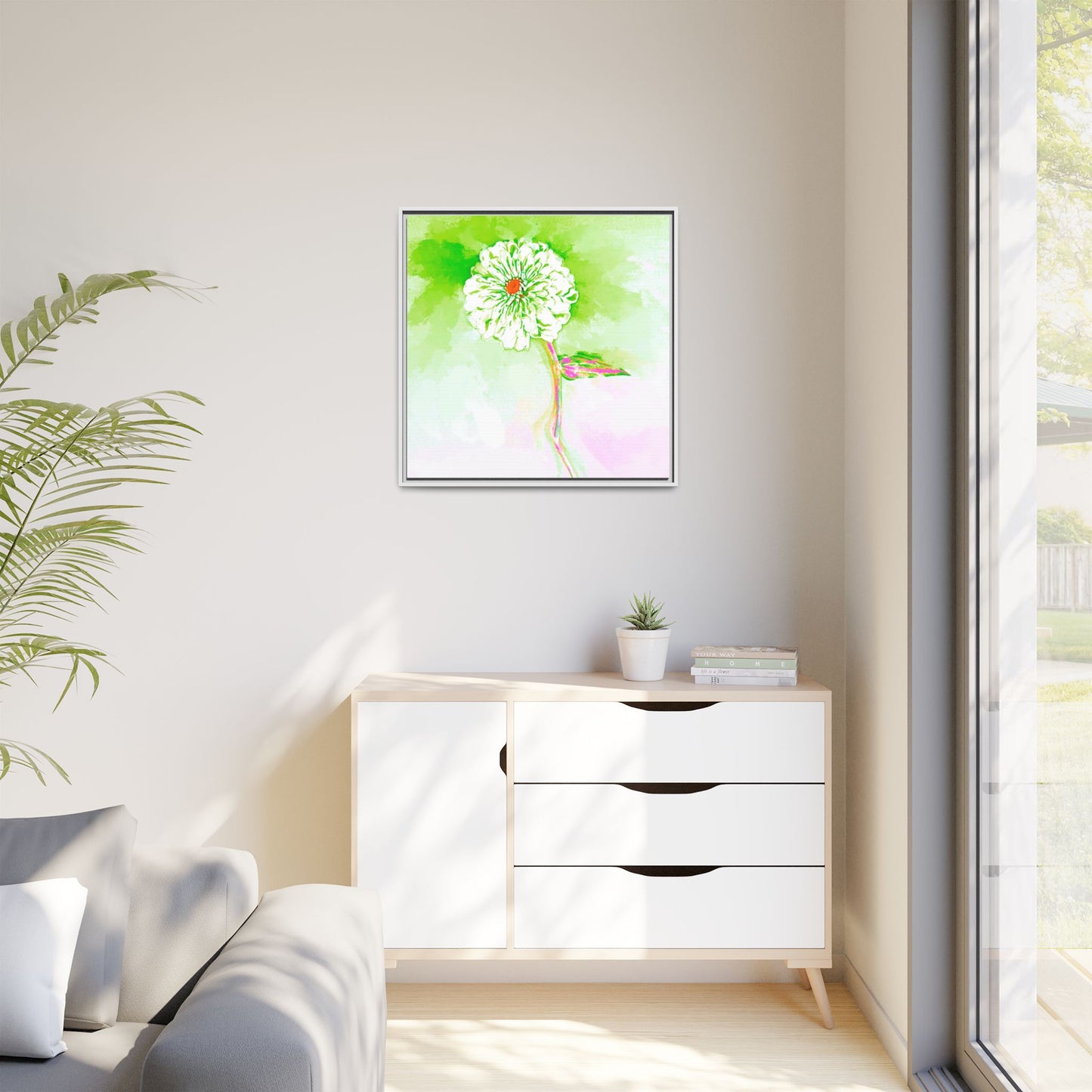 Zinnia Color Splash Matte Canvas Yellow Green Framed