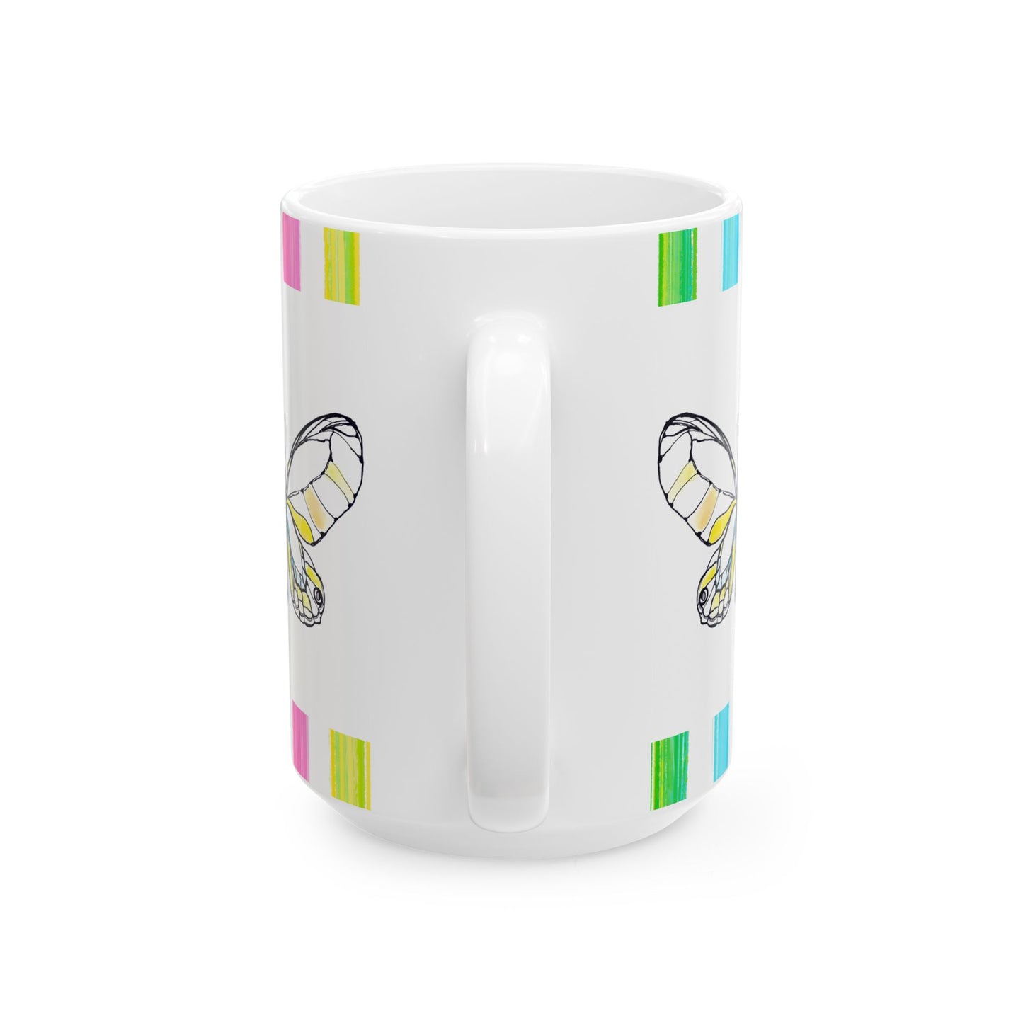 Butterfly Rainbow Stripe Ceramic Mug in Yellow with Multi-color Striped Border, (Available in 2 sizes 11oz and 15oz)
