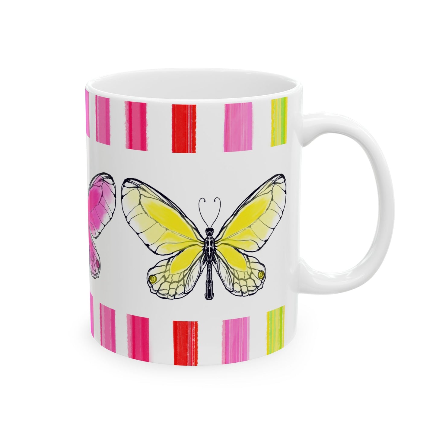 Butterfly Rainbow Stripe Ceramic Mug in Pink, Yellow, and Green with Multi-color Striped Border, (Available in 2 sizes 11oz and 15oz)
