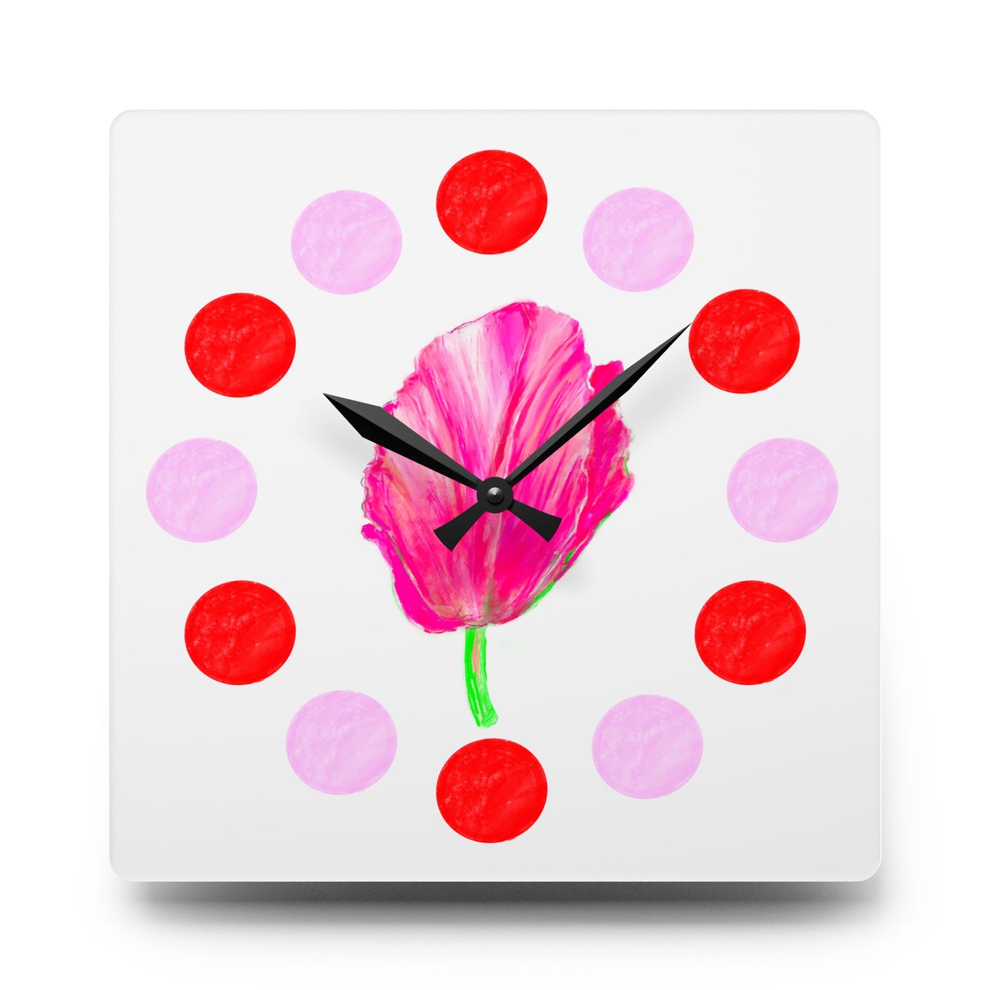 Tulip Love, Acrylic Wall Clock, Pink and Red polka dots tulip