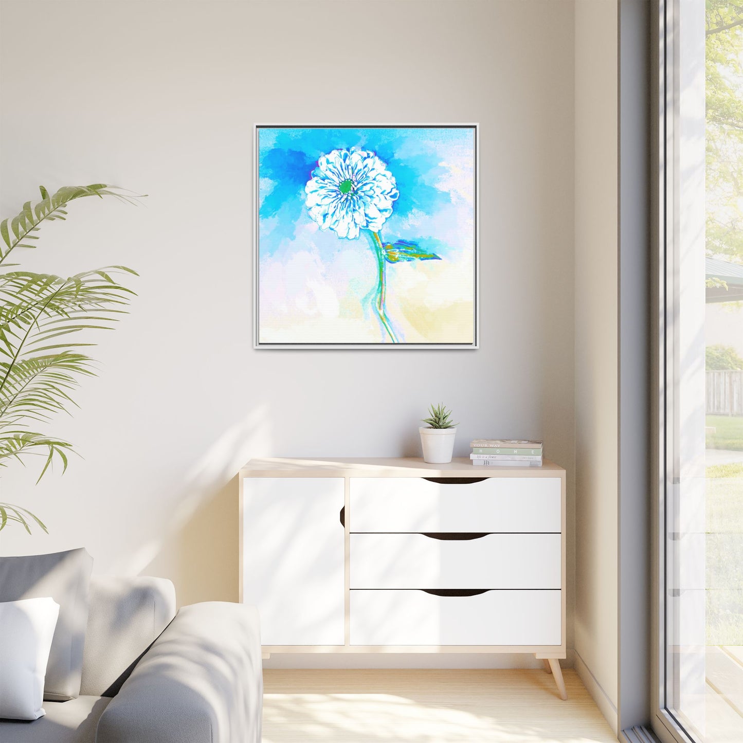 Zinnia Color Splash Matte Canvas Blue Aqua Framed
