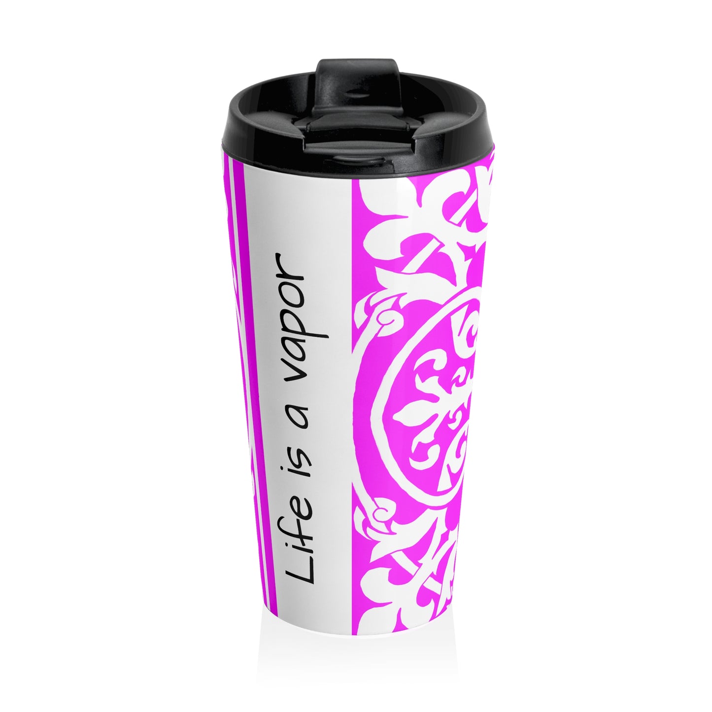 Scrollwork Stainless Steel Travel Mug "Life is a vapor"