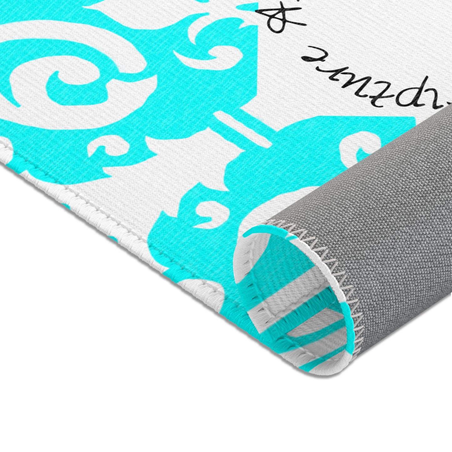 Scrollwork Indoor/Outdoor Rug Aqua "Sola Scriptura..."