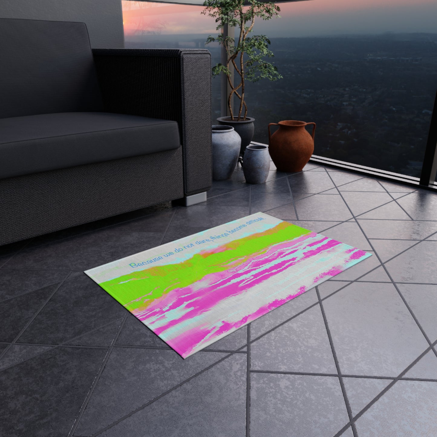 Inspirational Landscapes Indoor/Outdoor Rug "Because We Do Not Dare, Life Becomes Difficult" Green and Raspberry