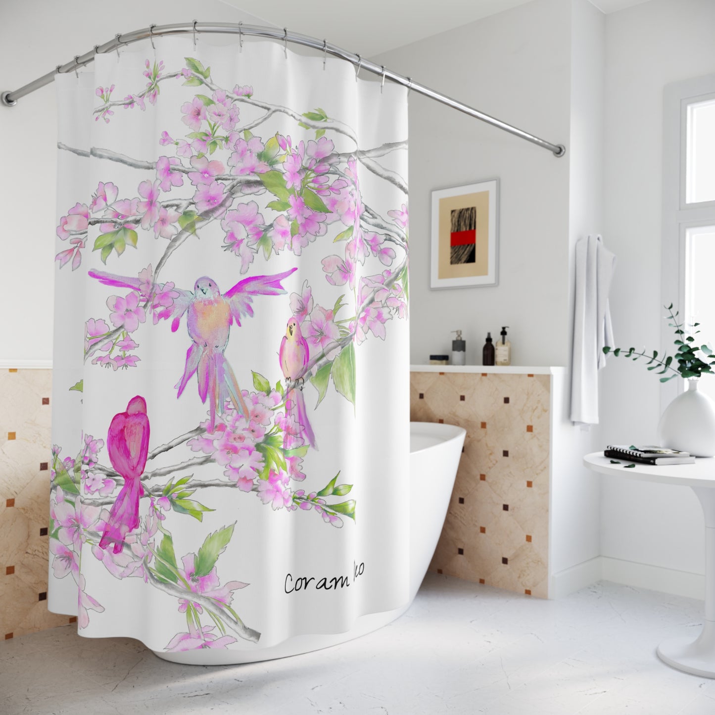 Cherry Chirp Shower Curtains, Coram Deo