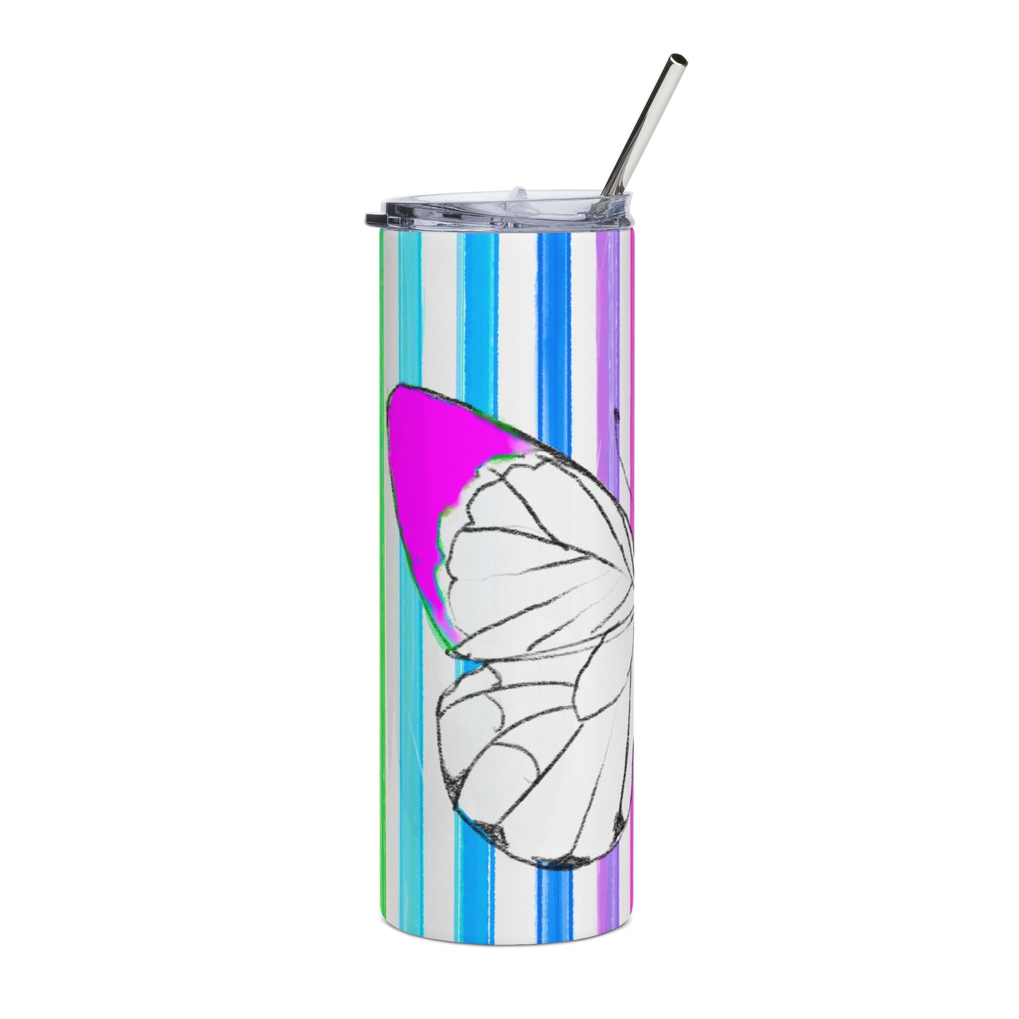 Stainless Steel Tumblers, 20oz Butterfly Watercolor Rainbow Stripes