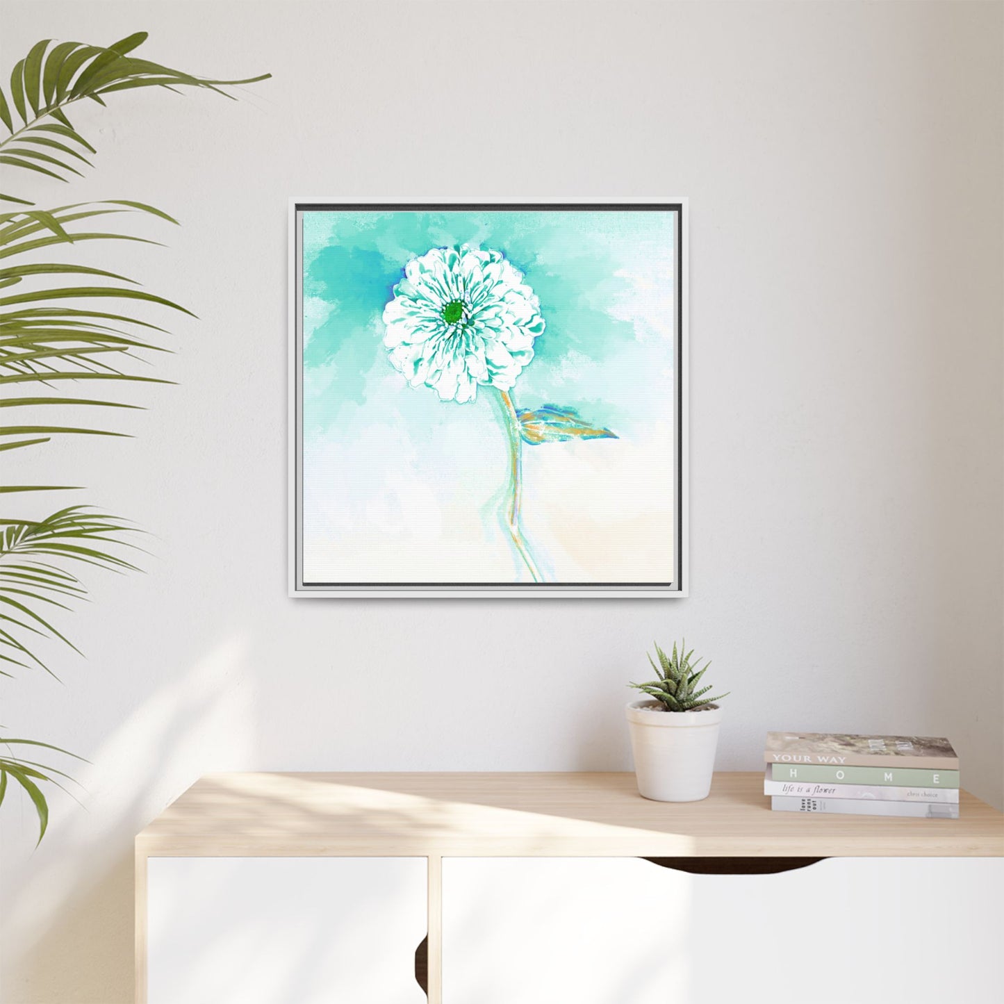 Zinnia Color Splash Matte Canvas Green Aqua Framed
