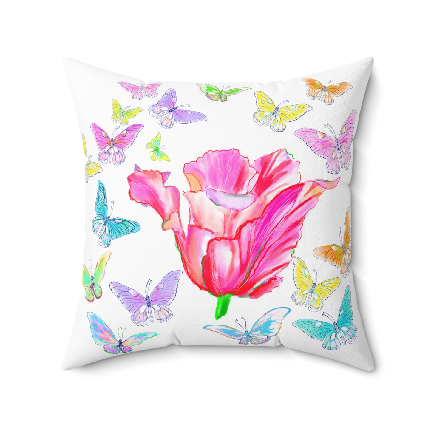 Dancing Tulips Butterflies Spun Polyester Square Pillow. Multi-Color Butterflies,  Raspberry Tulip