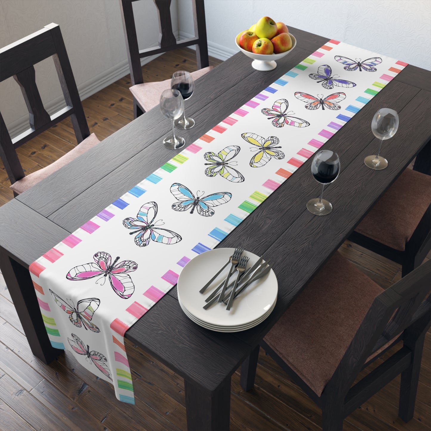 Butterfly Flutterstripe Table Runner in Multi-color with Checked Border 1 size ( 16" Γ 90") (available in Cotton " creamier" & Polyester "whiter"