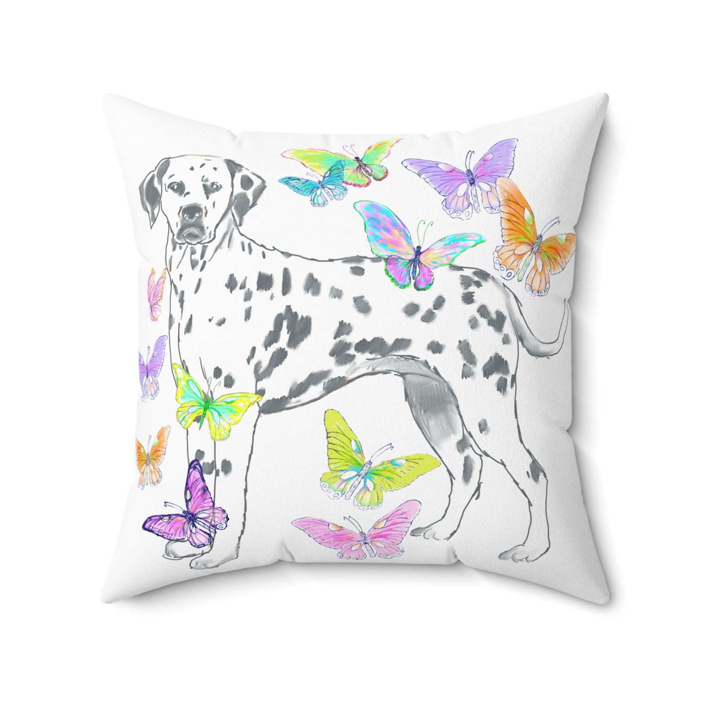 Dogi Butterfly Flutter Spun Polyester Square Pillow. Multi-Color Butterflies, Dalmatian