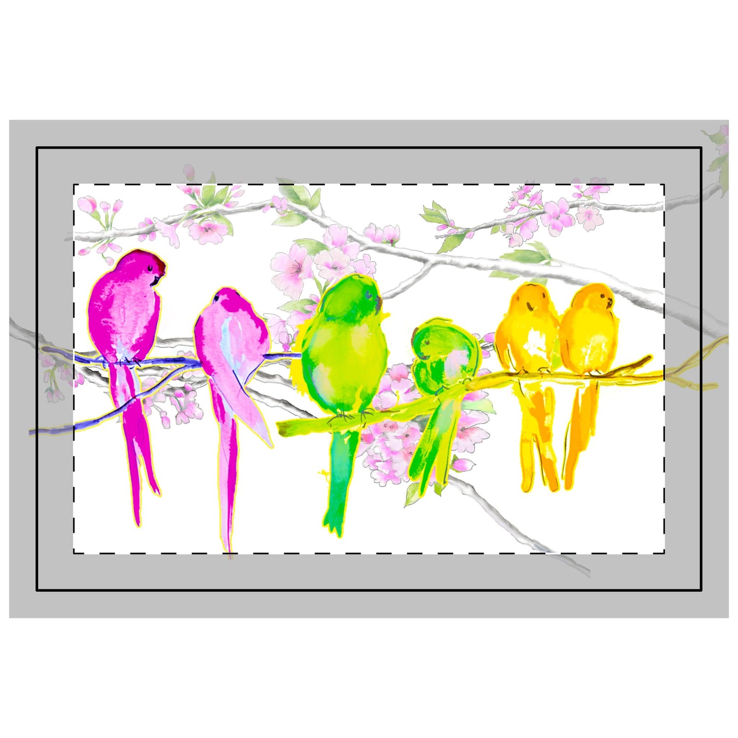 Blossoms & Birds in Pink, Aqua, Green ,Quilted Placemat, Poly , Background Bright White, # 4 Right Side of Table