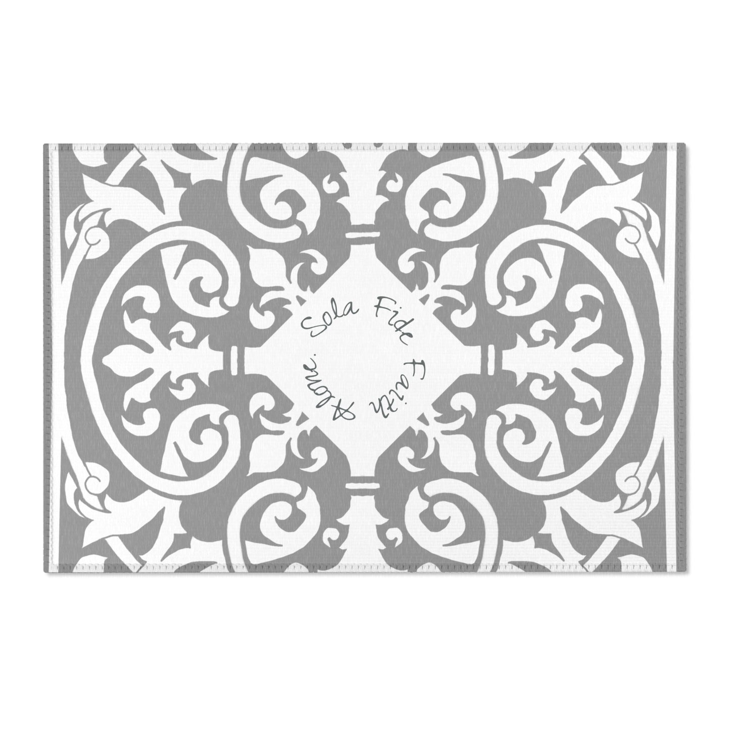 Scrollwork Indoor/Outdoor Rug Gray "Sola Fide..."