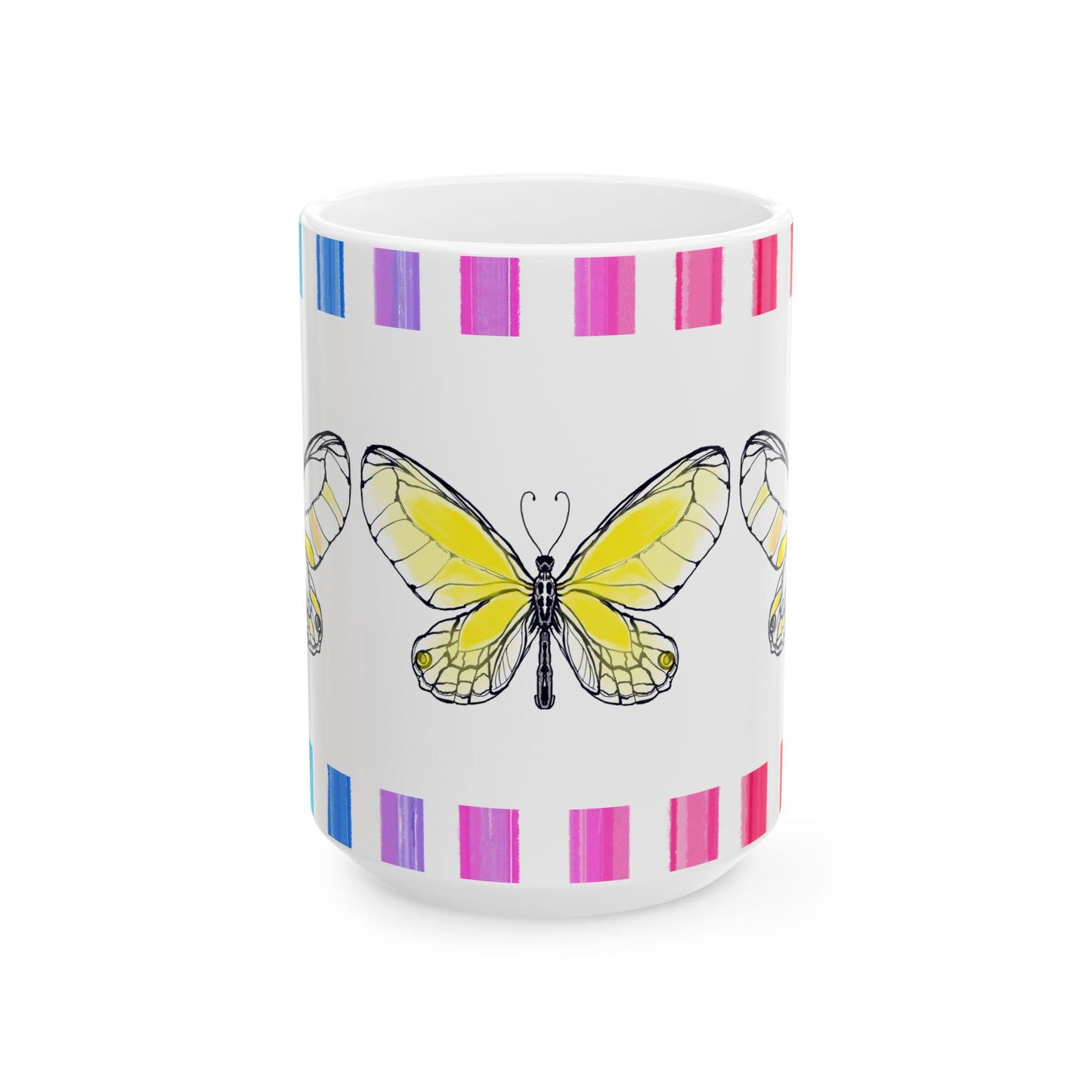 Butterfly Rainbow Stripe Ceramic Mug in Yellow with Multi-color Striped Border, (Available in 2 sizes 11oz and 15oz)