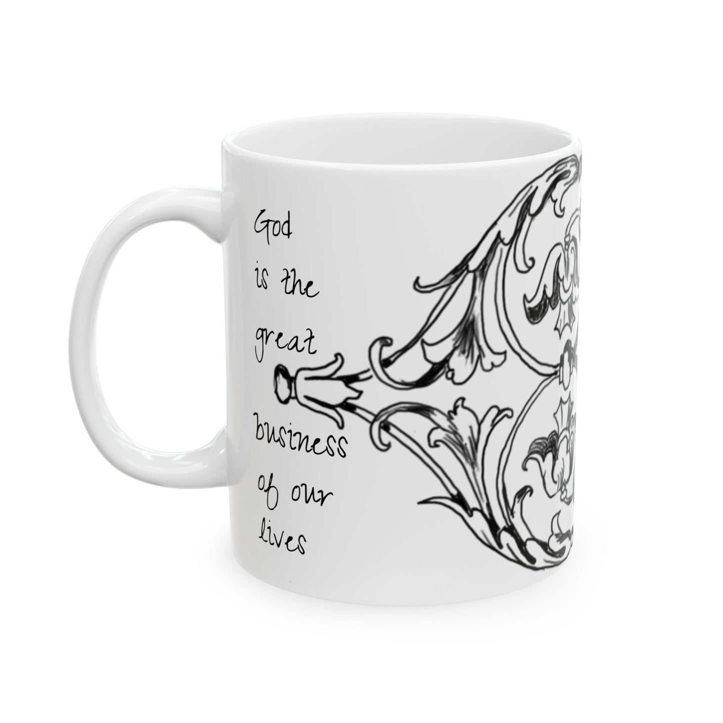 Scrollwork Ceramic Mug Black and White "God is the great... "