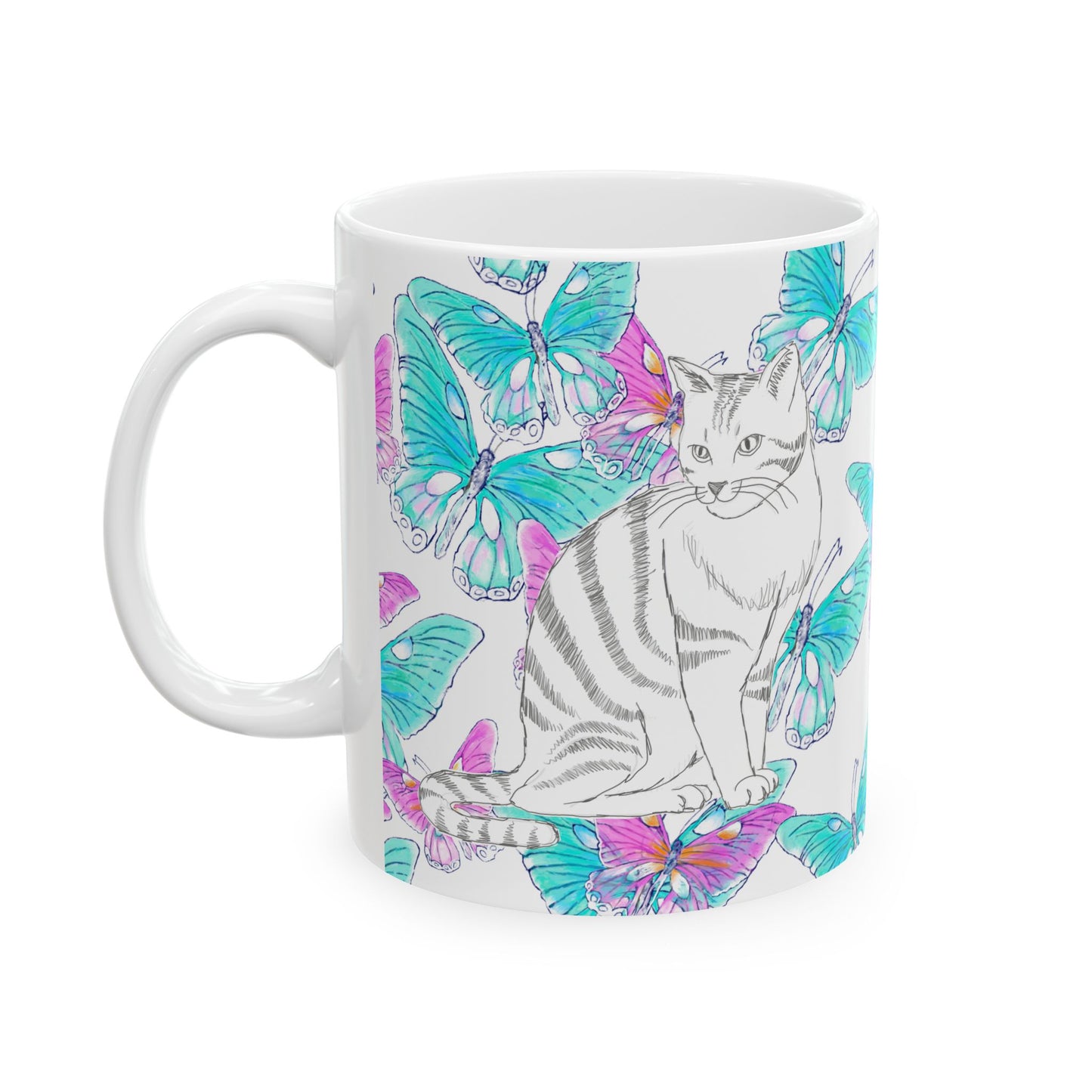 Kitty Flutter Ceramic Mug, Pink/Aqua, (11oz, 15oz)