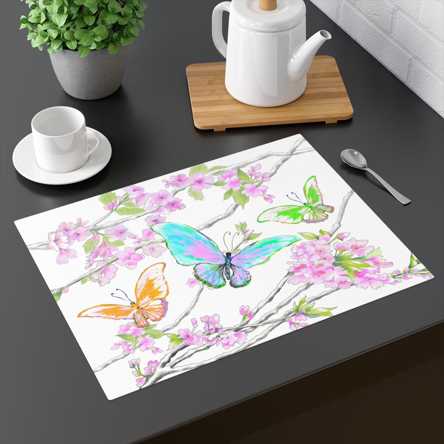 Butterfly Blossom Whirl Cotton Placemat, 1pc Blue , Background Fabric Creamier White,#7