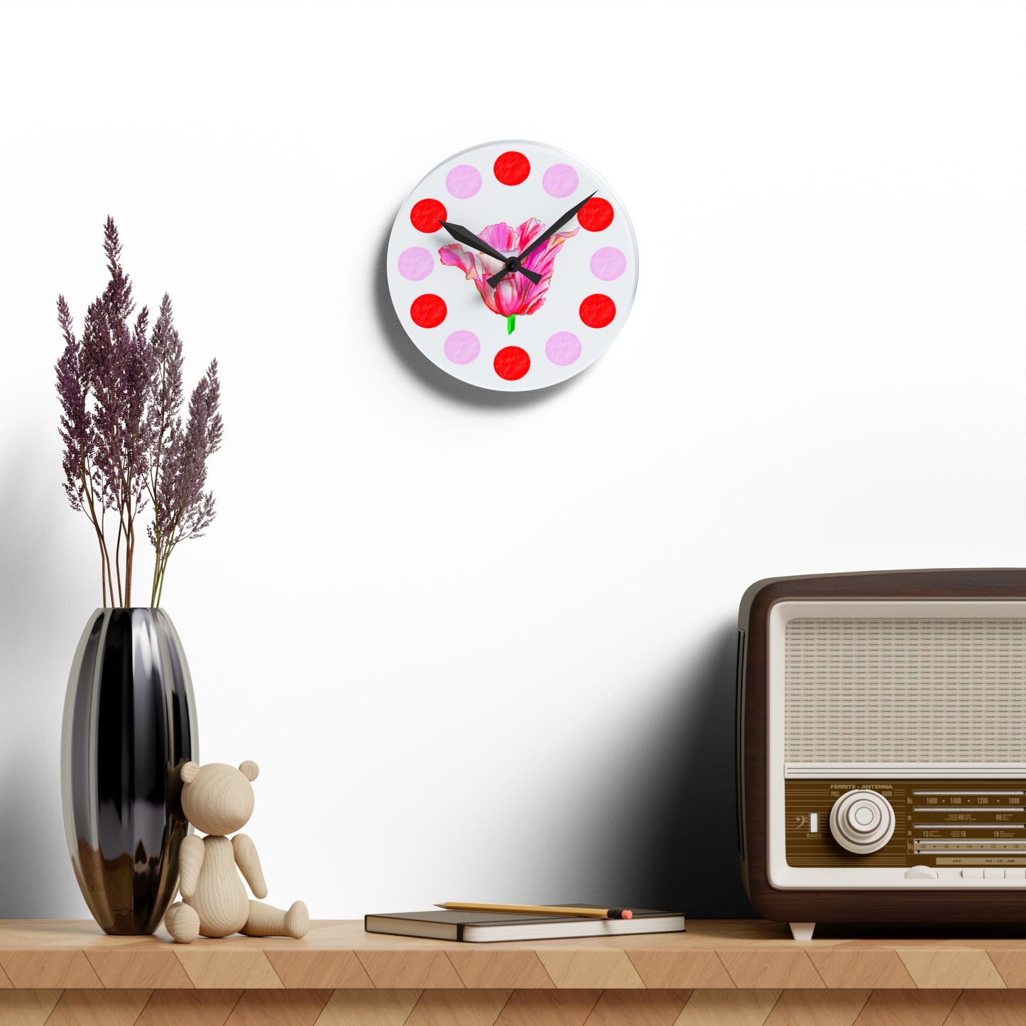 Tulip Love Acrylic Wall Clock, Pink and Red Polka Dots Tulip