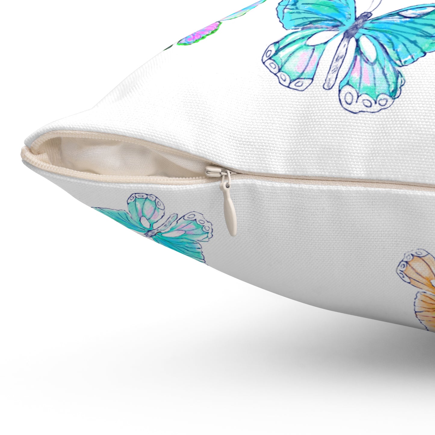 Dancing Tulips Butterflies Spun Polyester Square Pillow. Multi-Color Butterflies, Pink Tulip