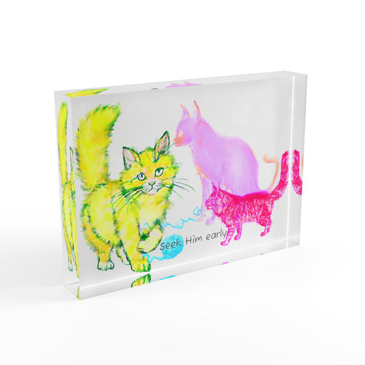 Colorful Cats & Dogs Acrylic Art Block 3 Cats Yellow, Pink, Lavender- Seek Him early
