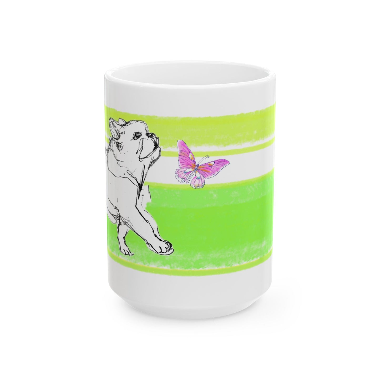 Mega Stripe Dogi Butterfly Flutter Ceramic Mug, (11oz, 15oz) Yellow Green Bulldog