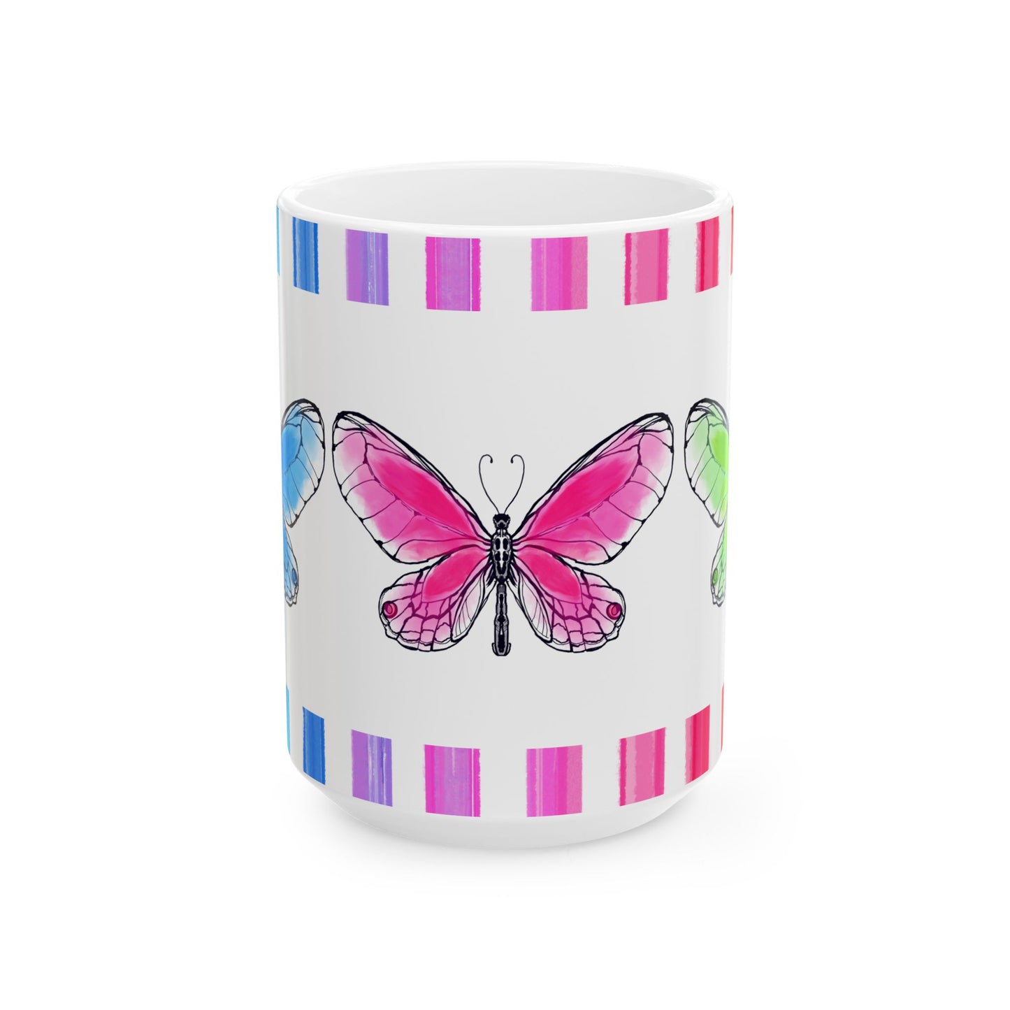 Butterfly Rainbow Stripe Ceramic Mug in Blue, Pink, and Green with Multi-color Striped Border, (Available in 2 sizes 11oz and 15oz)