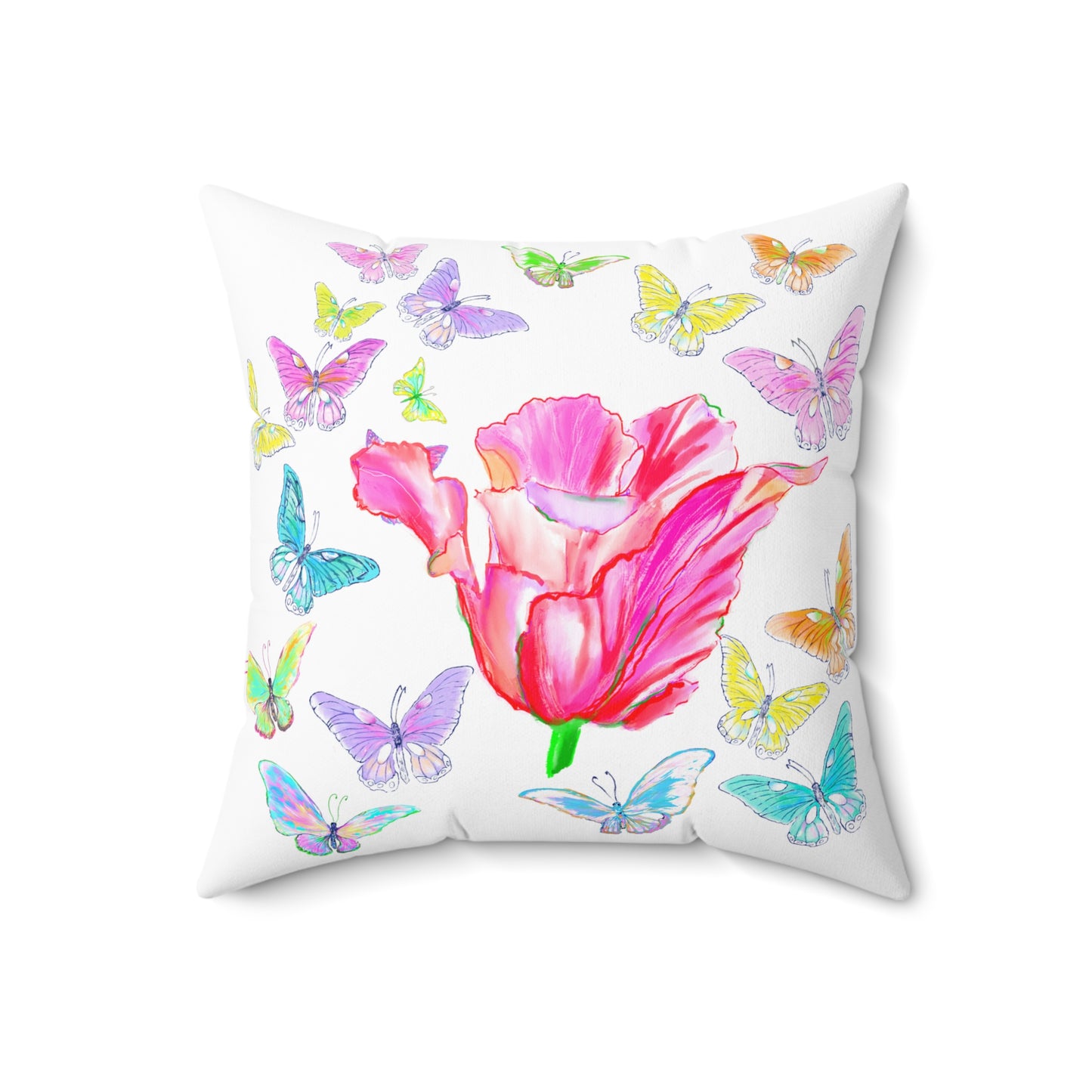 Dancing Tulips Butterflies Spun Polyester Square Pillow. Multi-Color Butterflies,  Raspberry Tulip