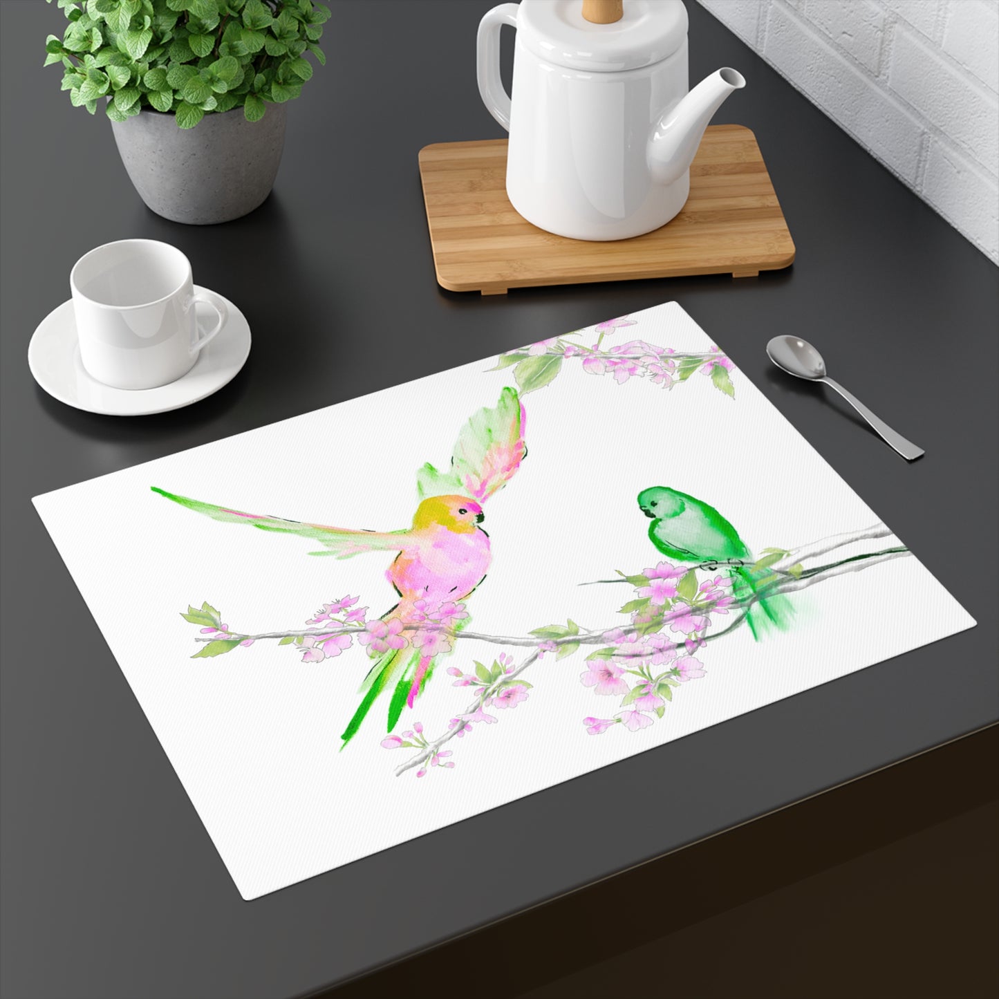Blossoms & Birds in Pink Placemat, 1pc, Cotton, Creamy Background fabric, #2 Right Side of Table