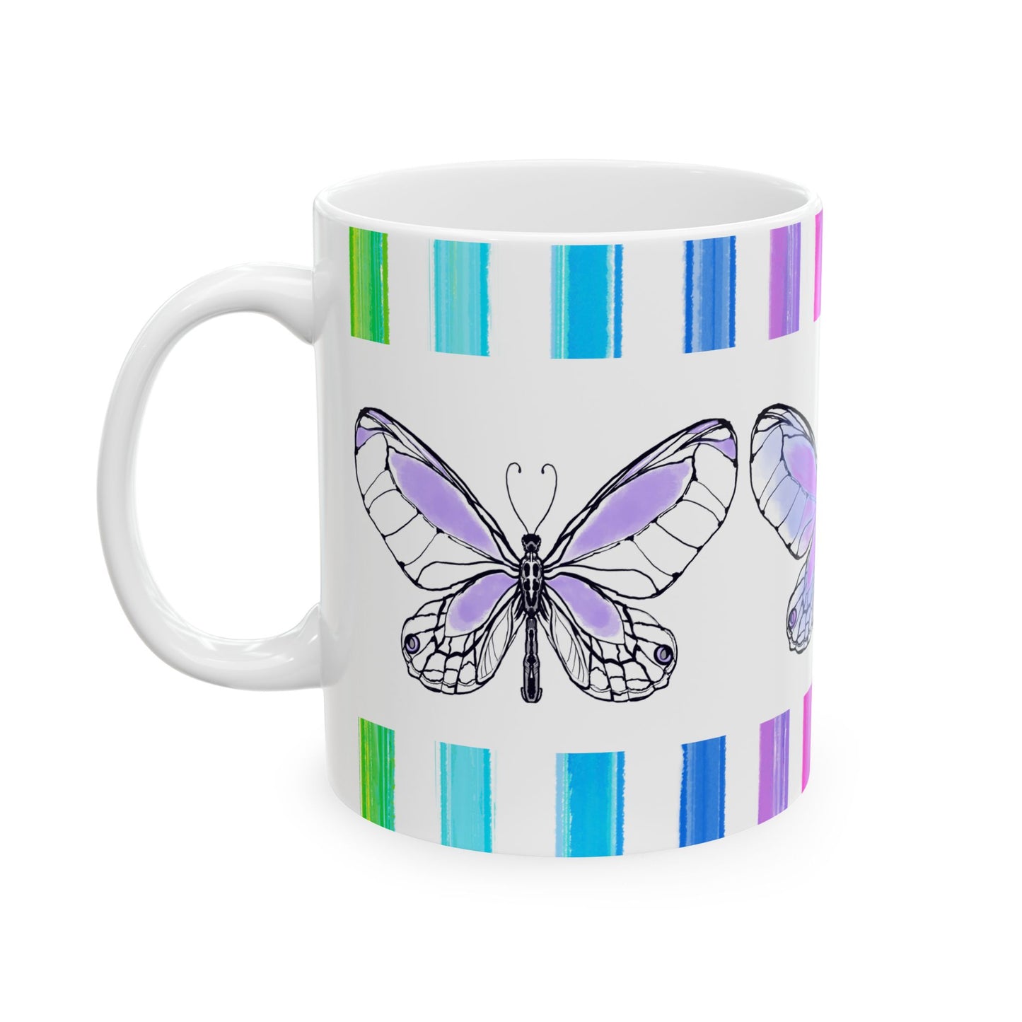 Butterfly Flutterstripe Ceramic Mug in Lavender with Multi-color Striped Border, (Available in 2 sizes 11oz and 15oz)
