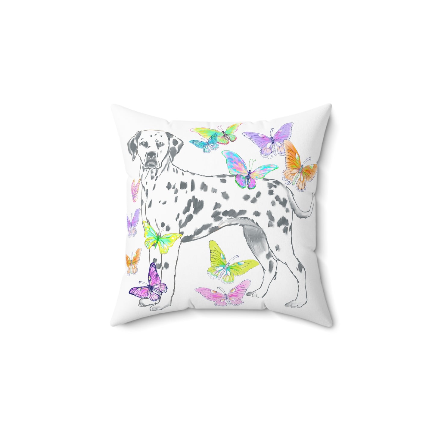 Dogi Butterfly Flutter Spun Polyester Square Pillow. Multi-Color Butterflies, Dalmatian