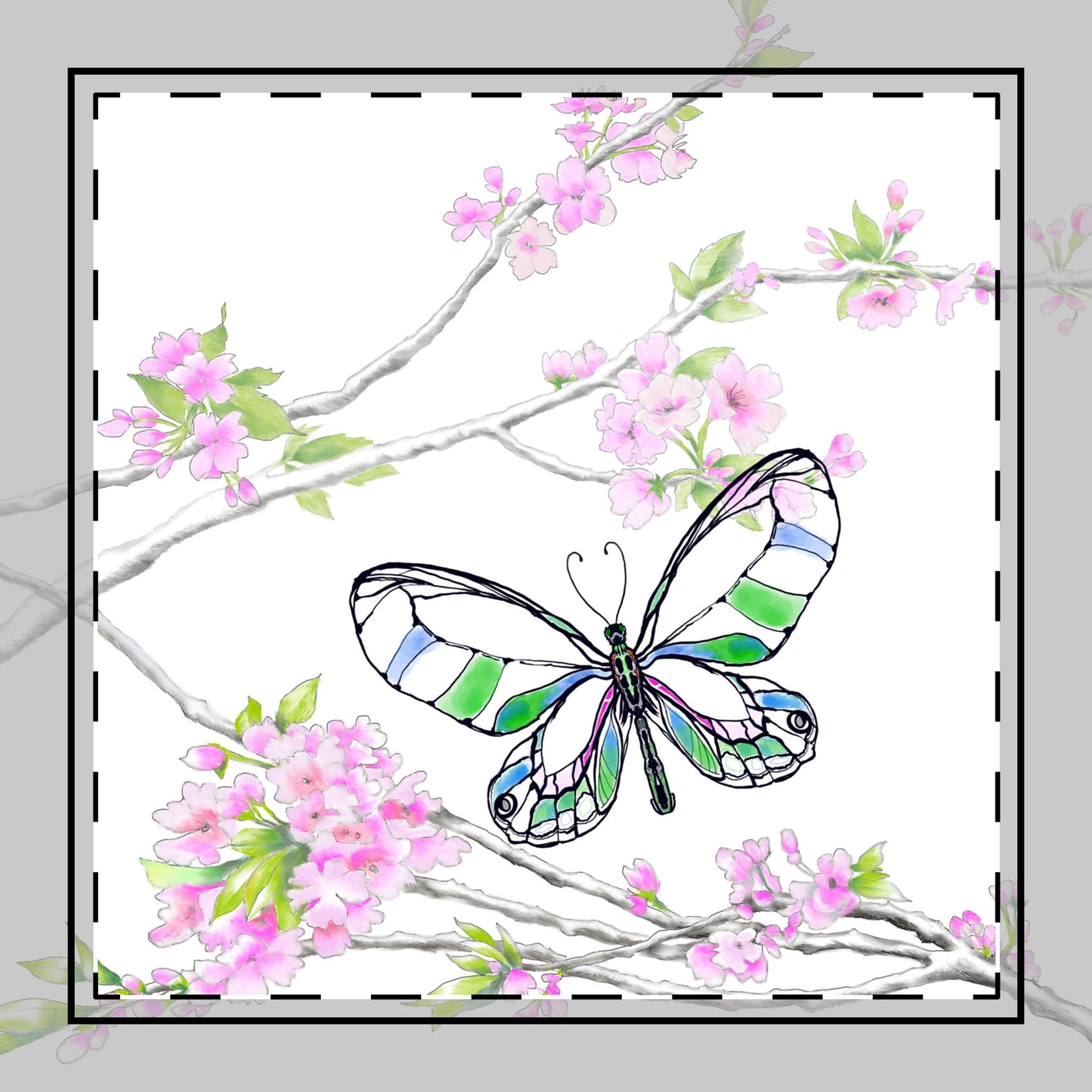 Butterfly Blossom Romp Cotton Twill Napkin, Green, Fabric Background Creamy White, #7