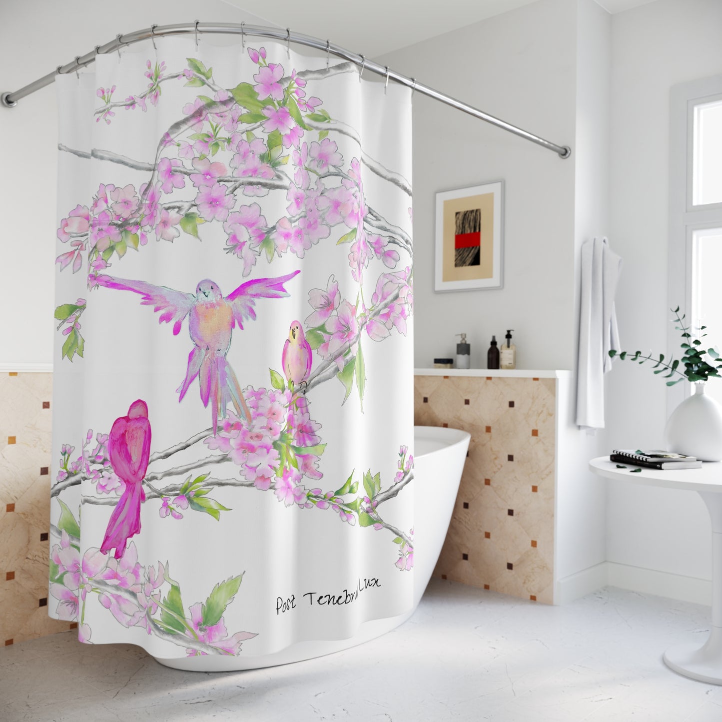 Pilgrim Cherry Chirp Shower Curtains, Water-color Cherry Blossoms With Birds Fluttering in the Branches, Post Tenebras Lux