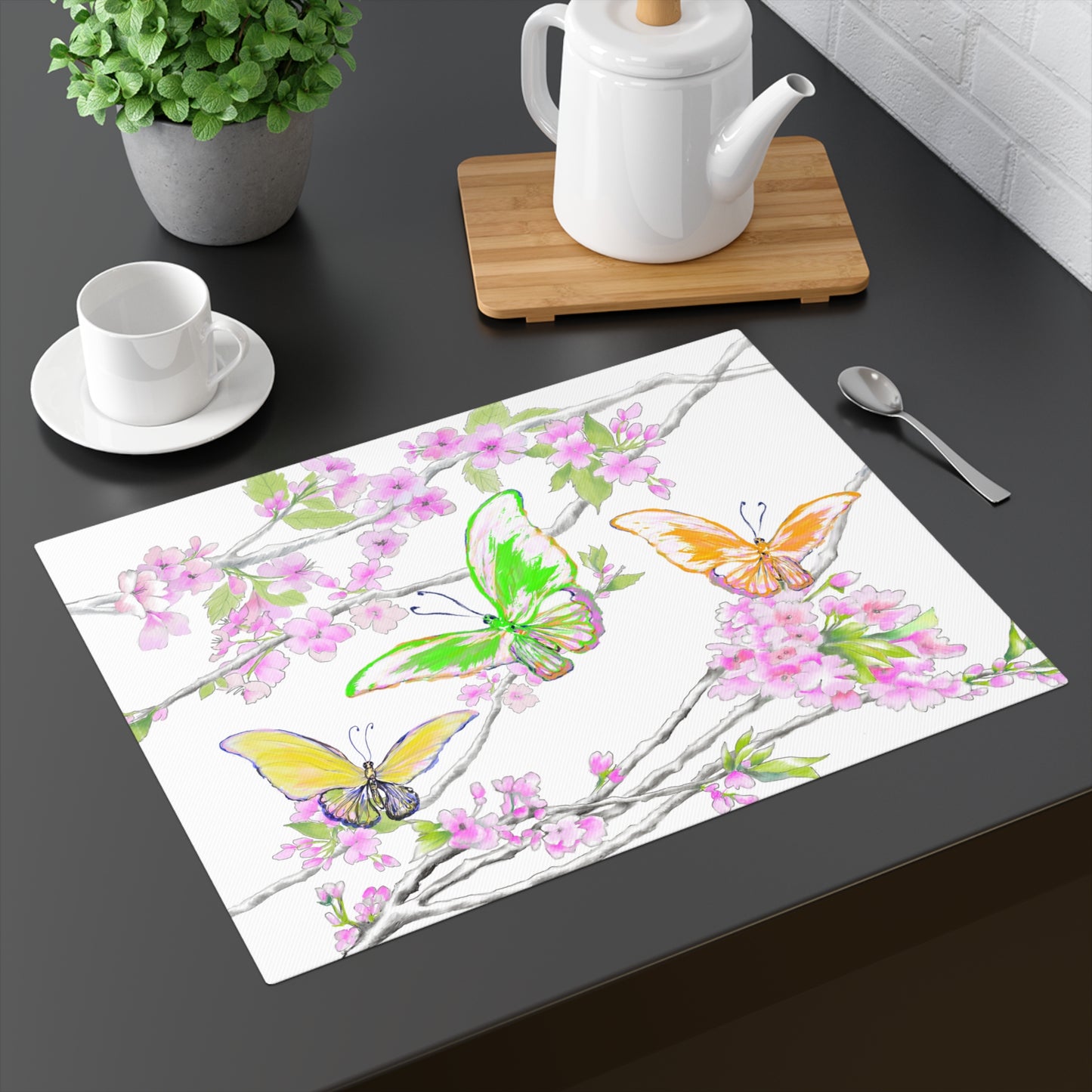 Butterfly Blossom Whirl Cotton Placemat, 1pc Green, Background Creamier White, #5