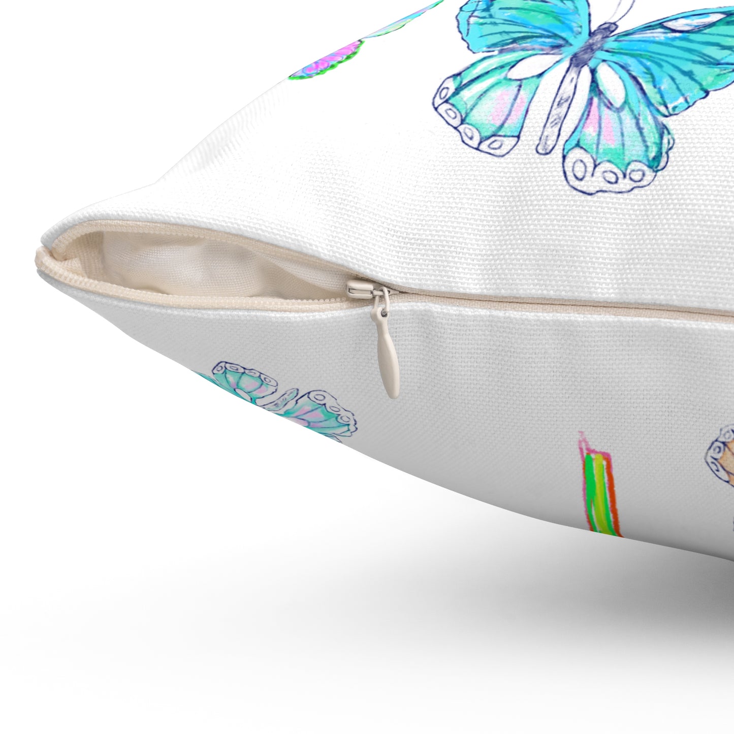 Dancing Tulips Butterflies Spun Polyester Square Pillow. Multi-Color Butterflies, Aqua Tulip