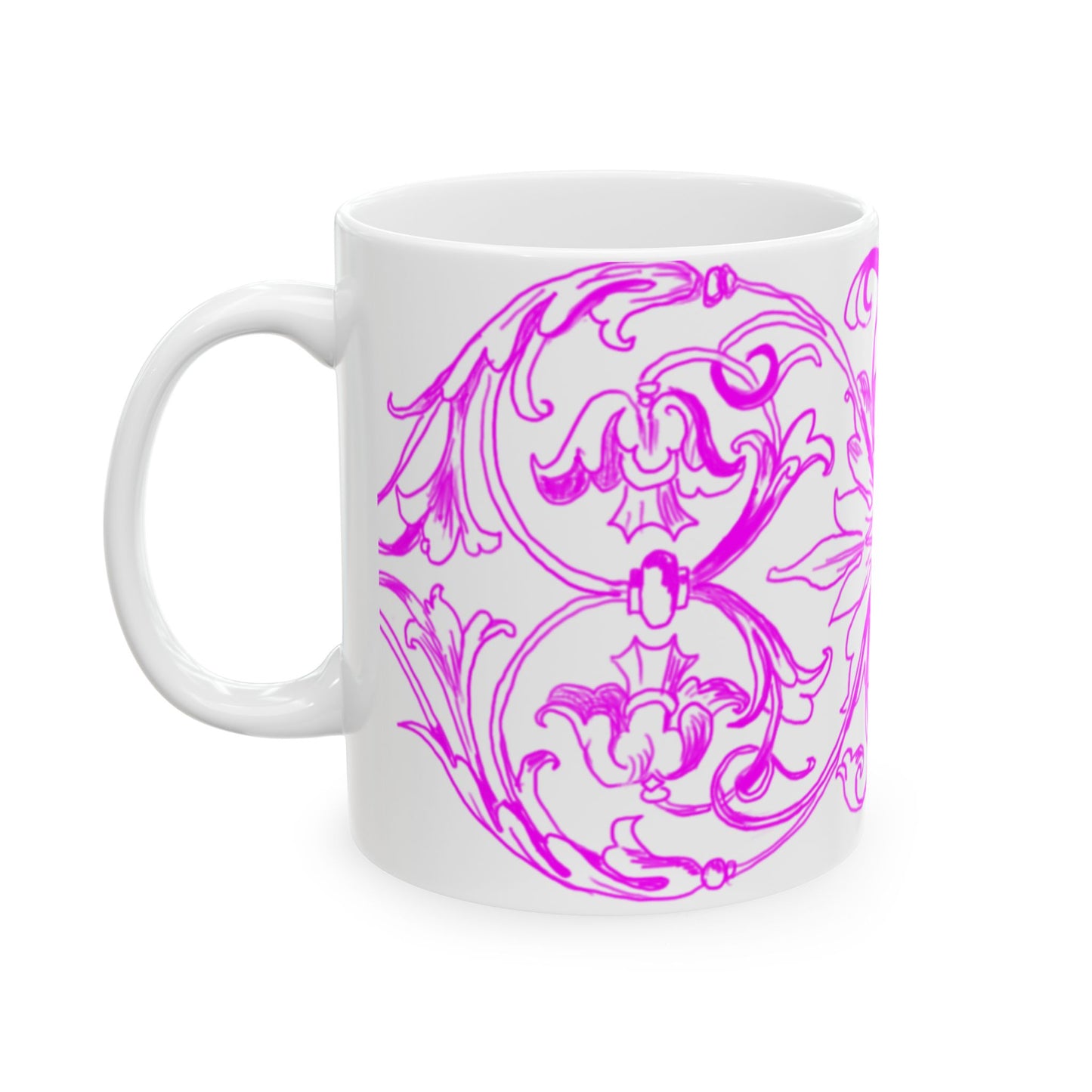 Scrollwork Ceramic Mug Raspberry “Every Flower in…”