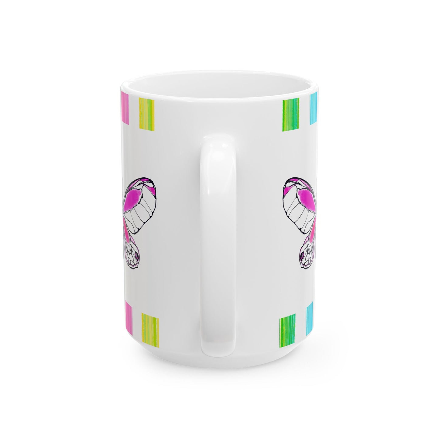 Butterfly Rainbow Stripe Ceramic Mug in Raspberry Pink with Multi-color Striped Border, (Available in 2 sizes 11oz and 15oz)
