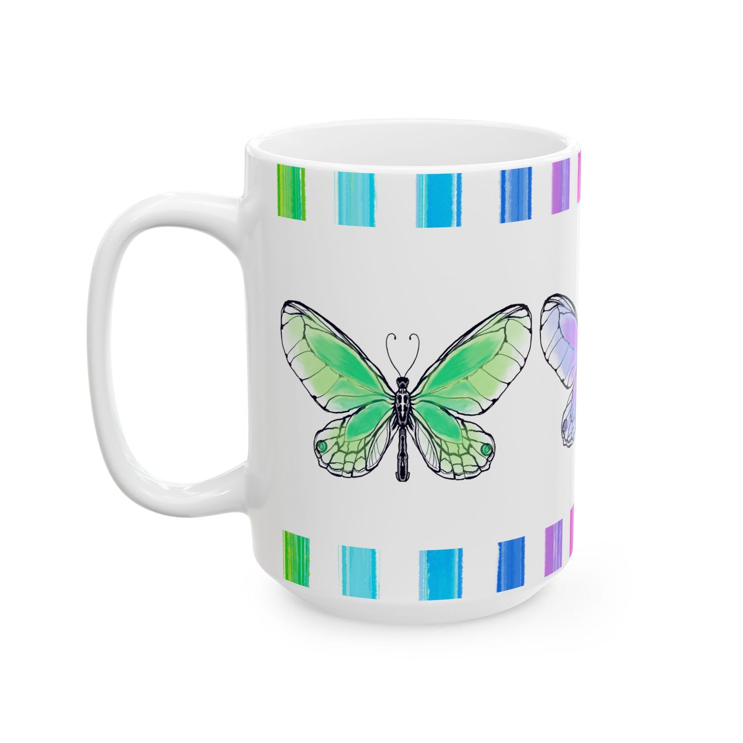 Butterfly Rainbow Stripe Ceramic Mug in Lavender, Pink, and Green with Multi-color Striped Border, (Available in 2 sizes 11oz and 15oz)