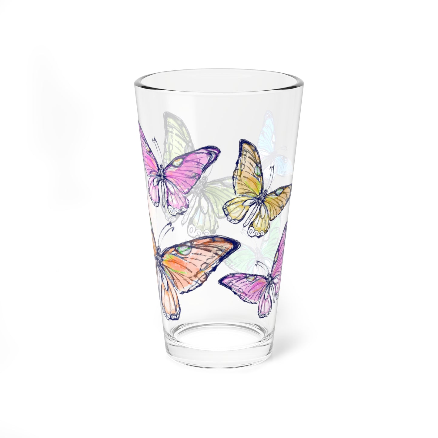 Blossom Whirl  Pint Glass, 16ozl, Largest Butterfly is Orange