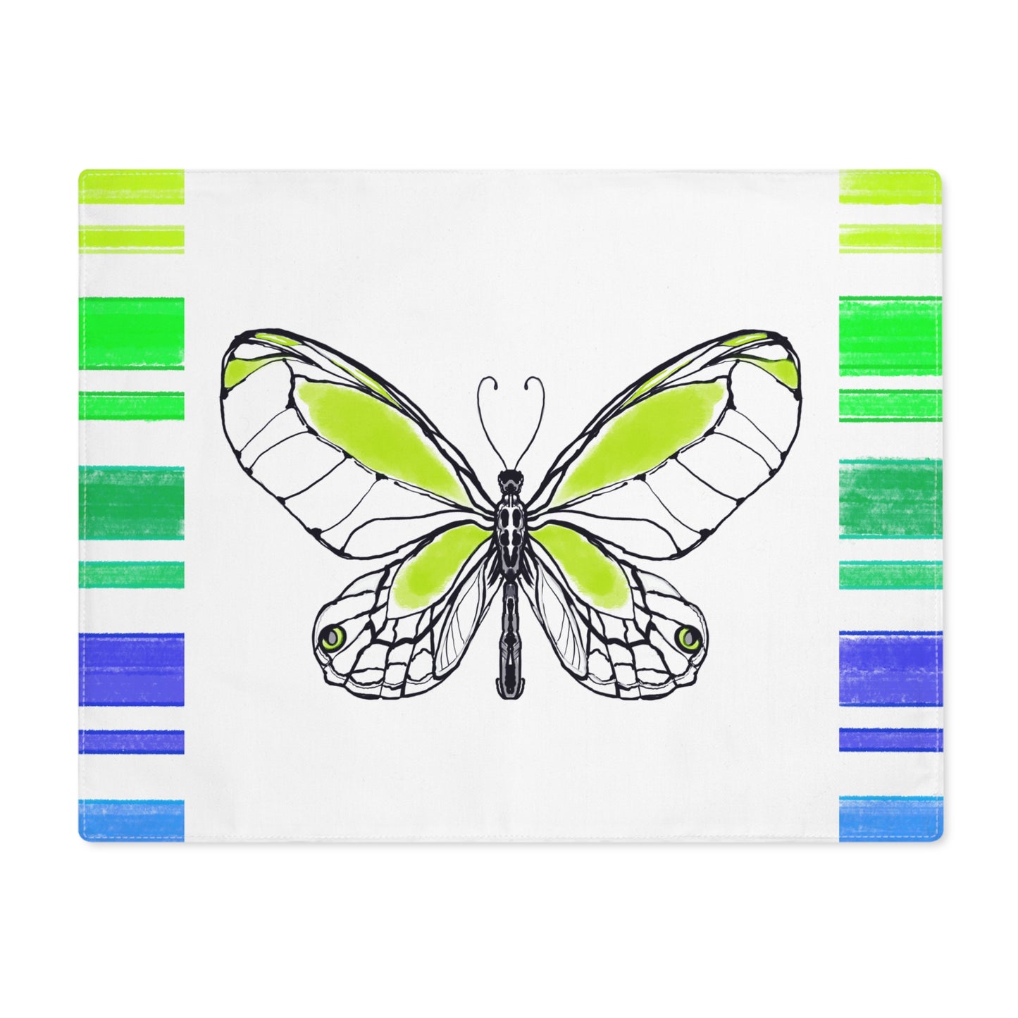 Butterfly Flutterstripe with Multi-color Stripe Border,  Cotton Placemat, Lime, Fabric Background Creamy White