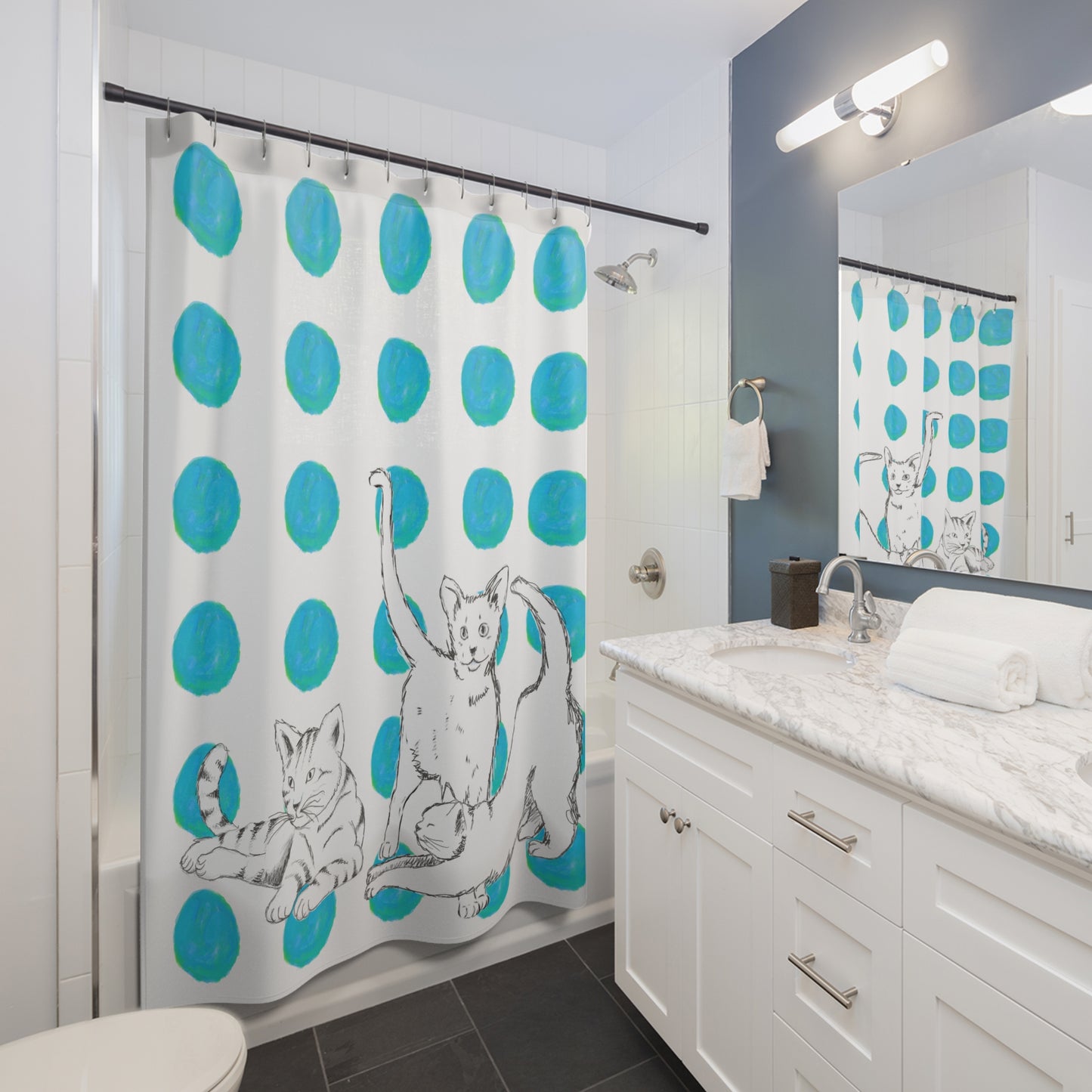 Kitty Fun Shower Curtains Aqua Polka Dots