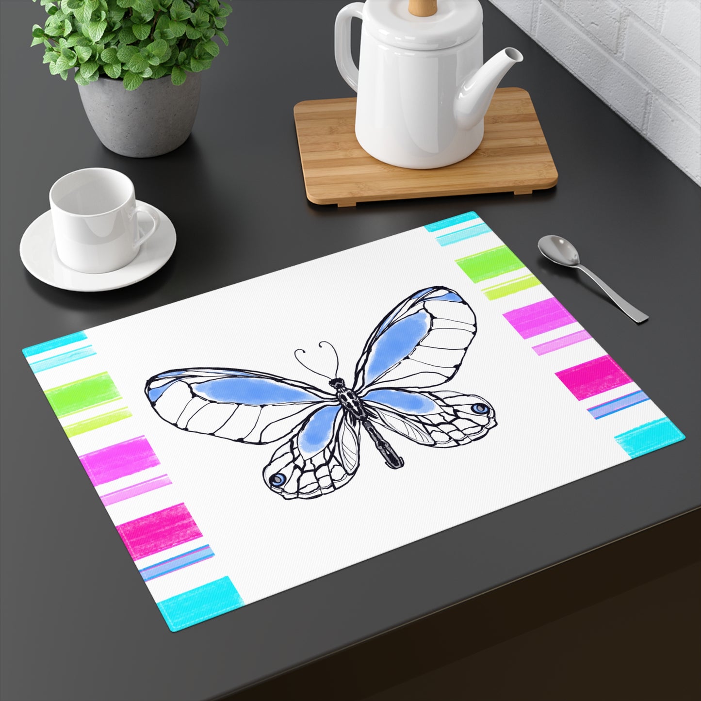 Butterfly Flutterstripe Placemat in Blue with Multi-color Stripe Border (1 pc) cotton