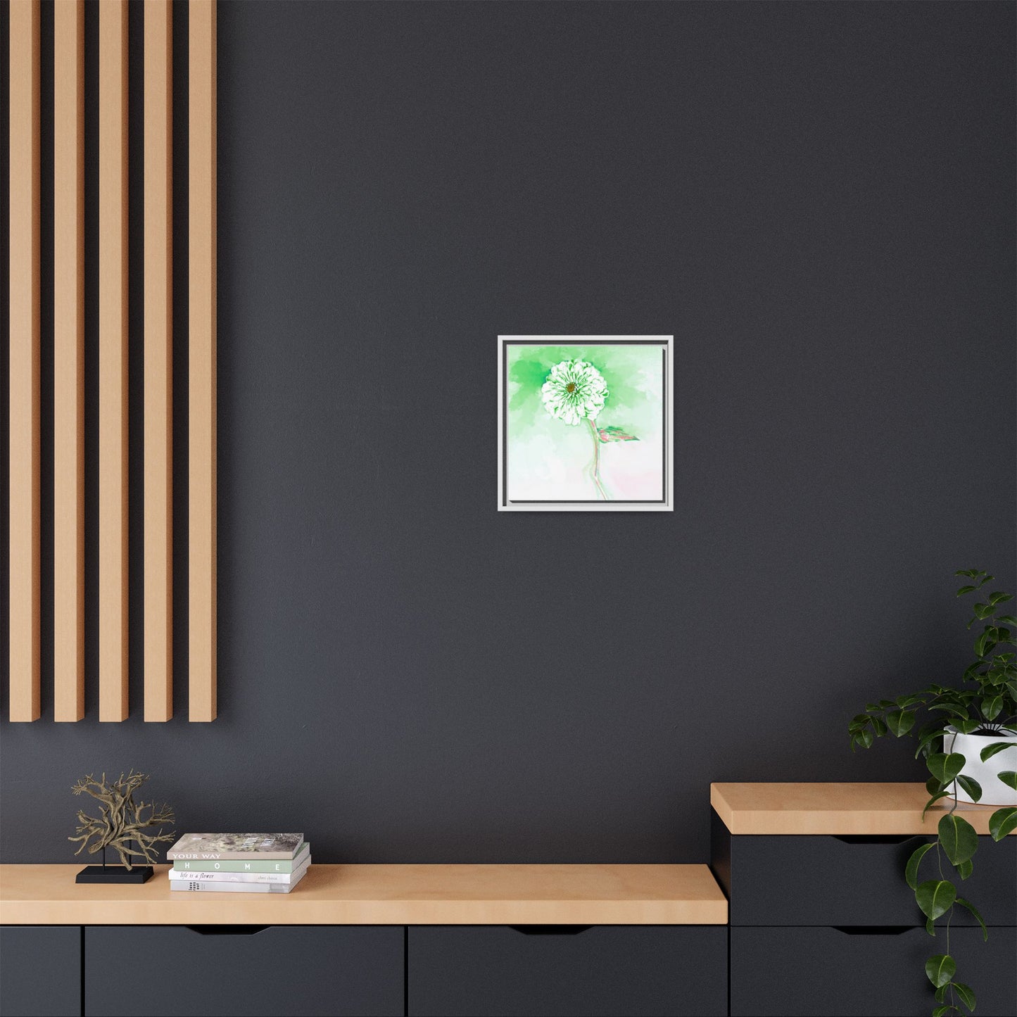 Zinnia Color Splash Matte Canvas Soft Green Framed