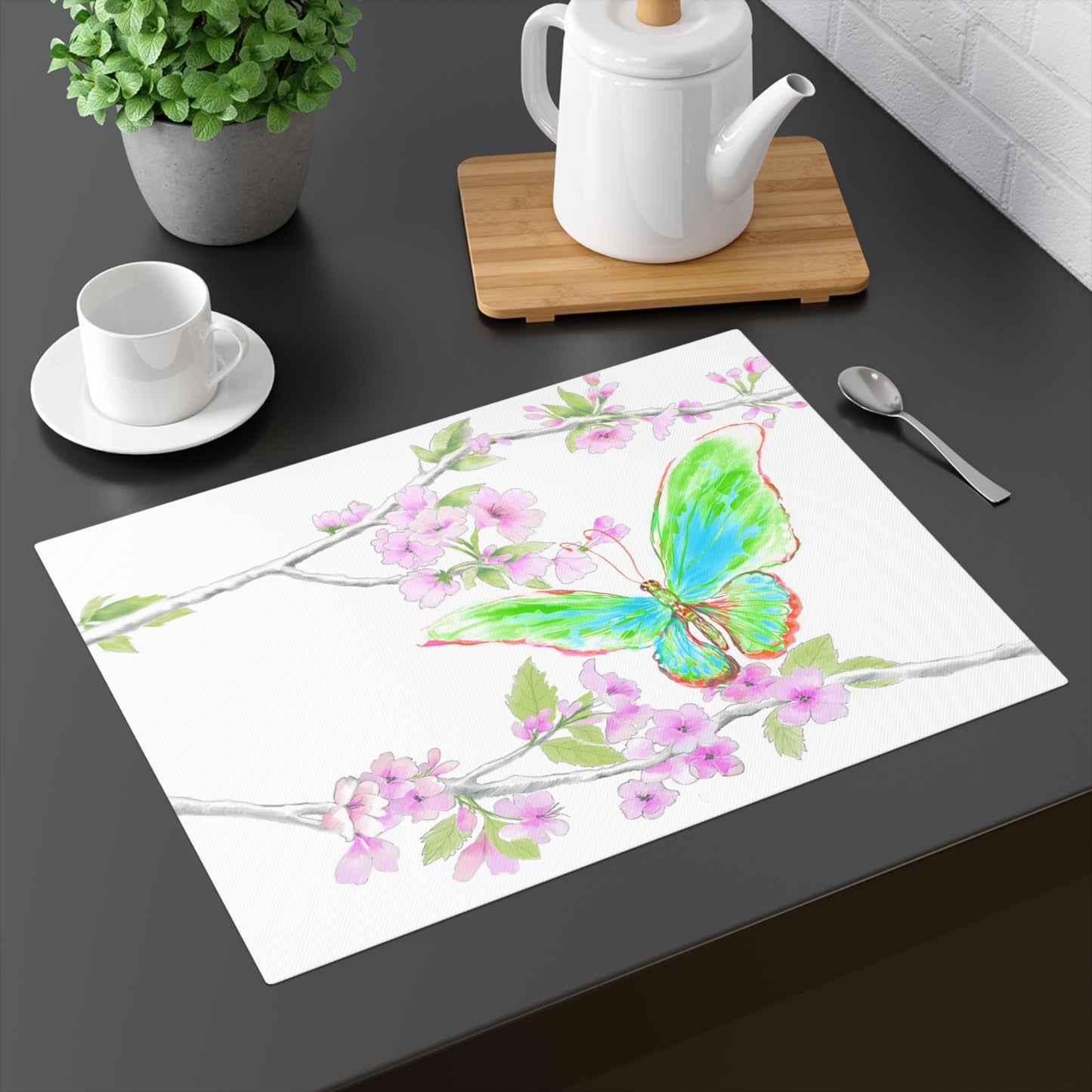 Butterfly Blossom Glide Cotton Twill Placemat, Creamier White, 1pc. Green