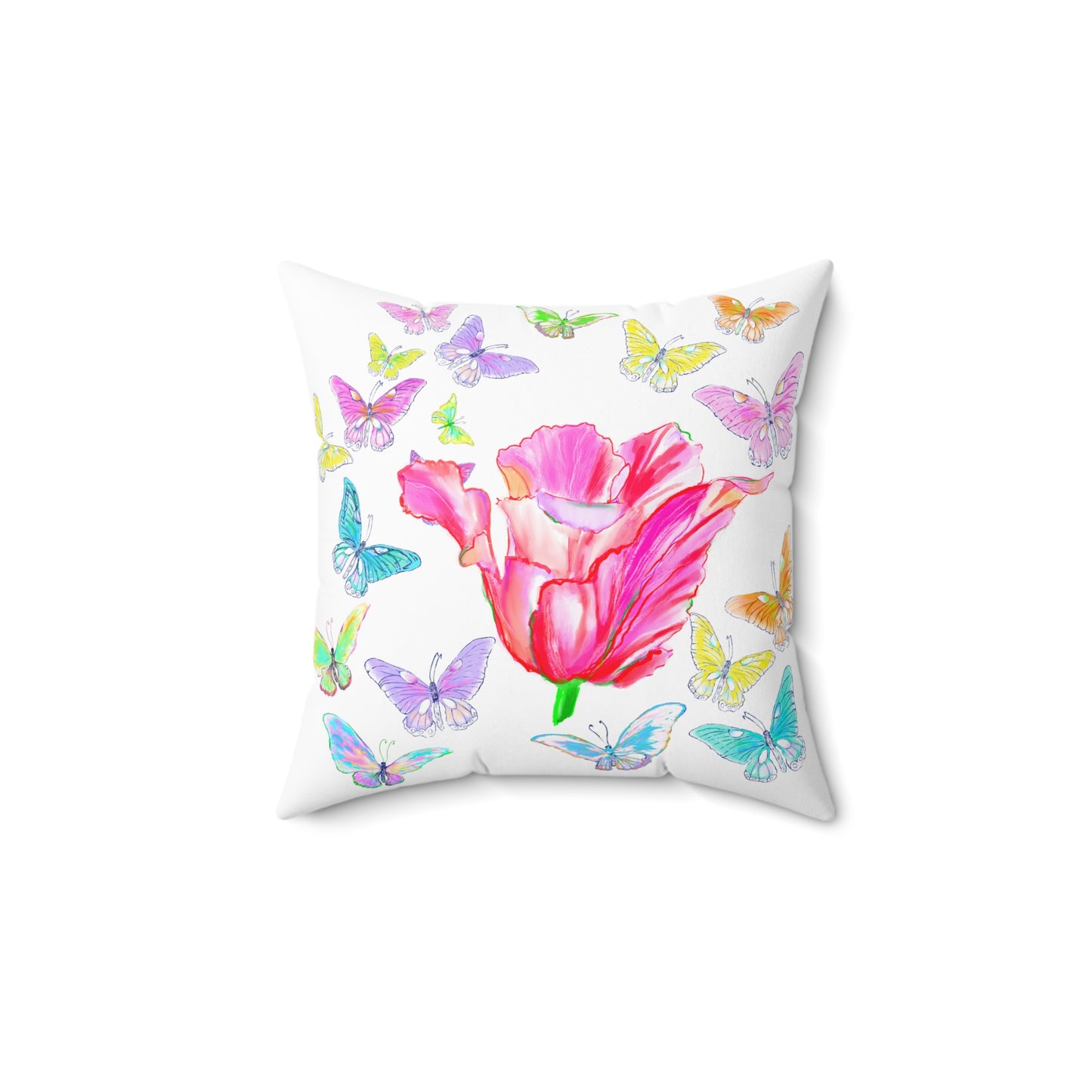 Dancing Tulips Butterflies Spun Polyester Square Pillow. Multi-Color Butterflies,  Raspberry Tulip