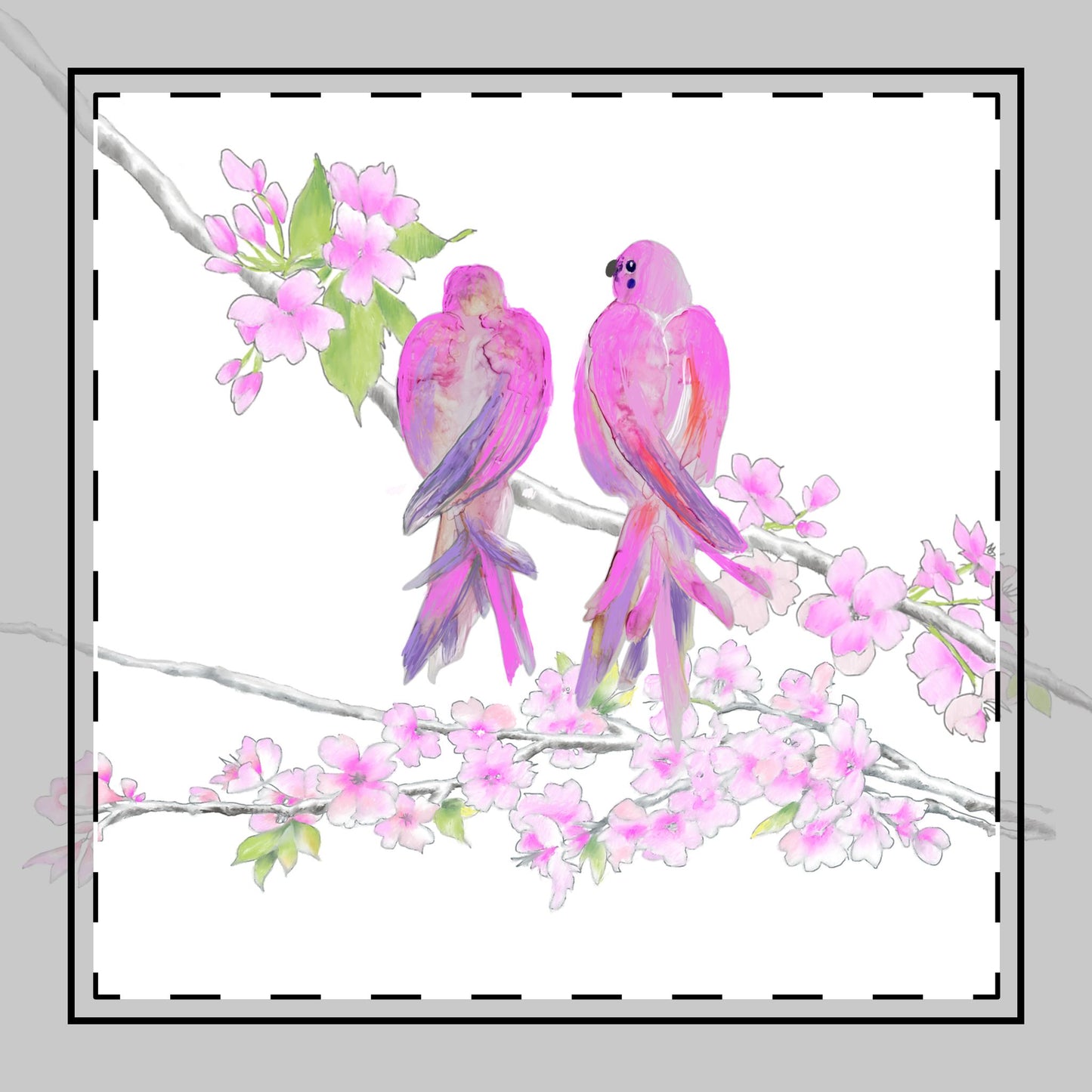 Blossoms & Birds in Pink Poly Twill Napkin, Background Fabric Bright White