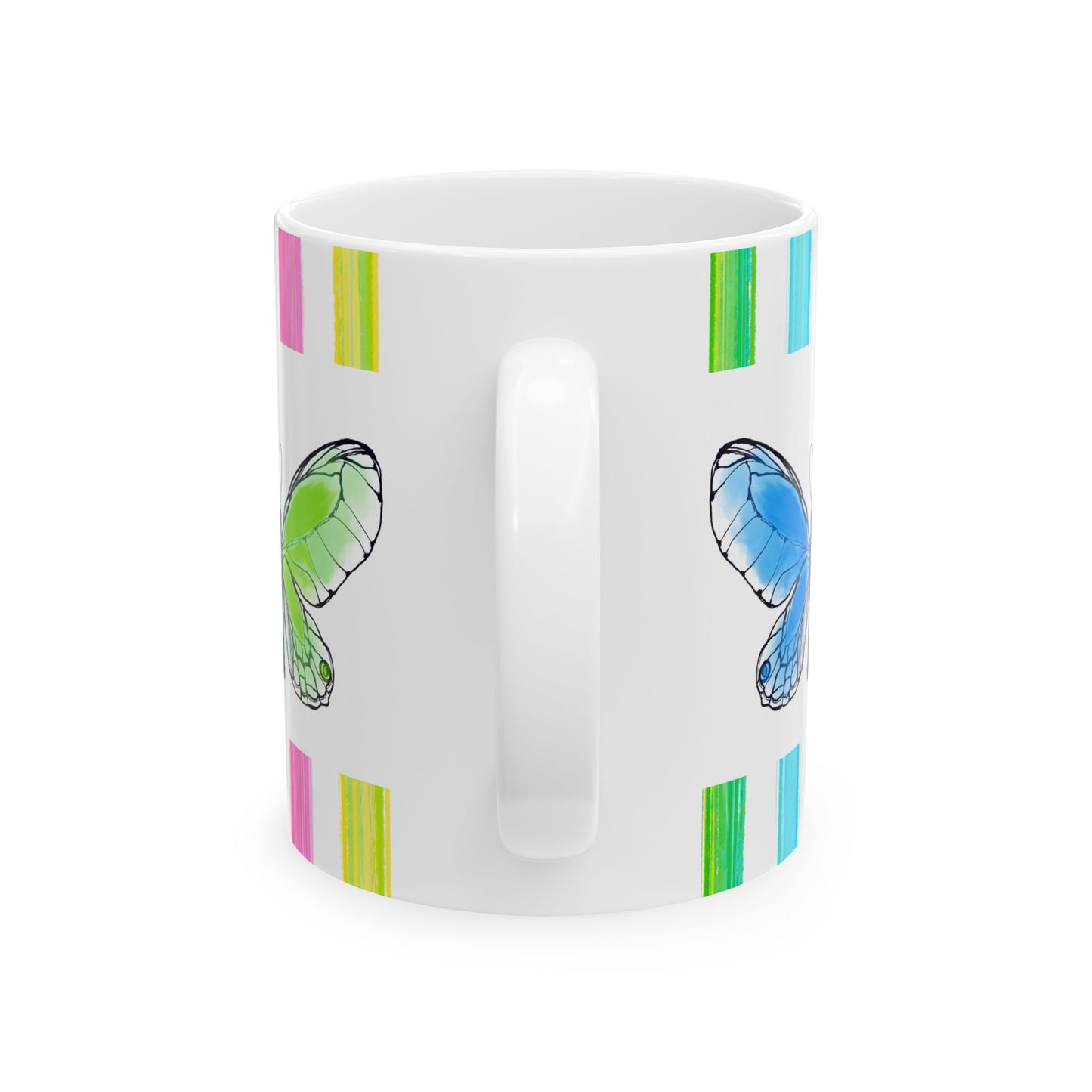 Butterfly Rainbow Stripe Ceramic Mug in Blue, Pink, and Green with Multi-color Striped Border, (Available in 2 sizes 11oz and 15oz)